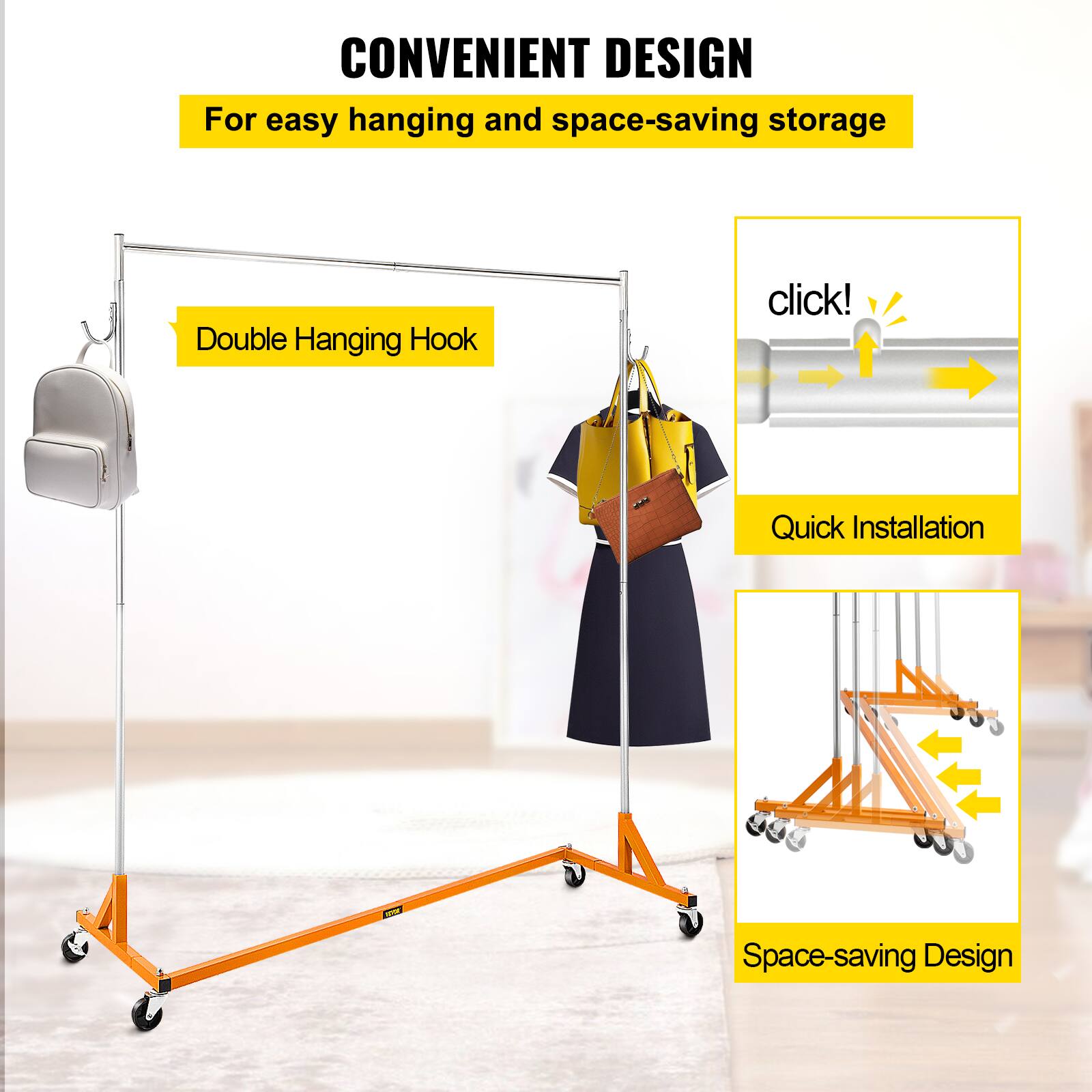 CONVENIENT DESIGN
For easy hanging and space-saving storage
Double Hanging Hook
Quick Installation
Space-saving Design