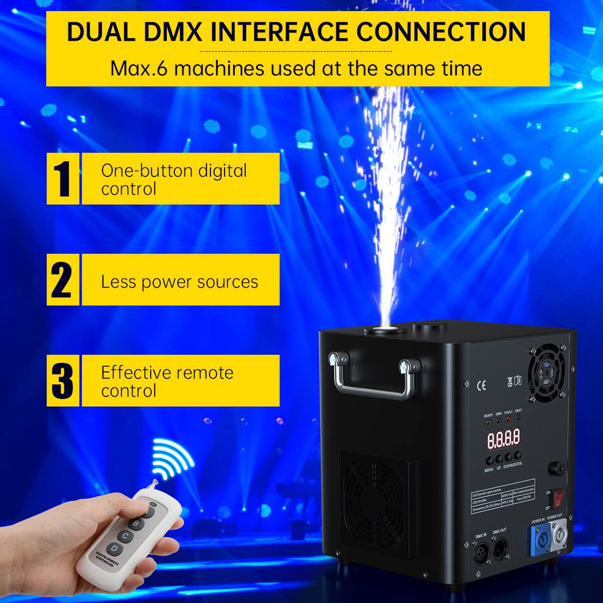 DUAL DMX INTERFACE CONNECTION  
Max.6 machines used at the same time  

1. One-button digital control  
2. Less power sources  
3. Effective remote control  

CE  
I m 8.8.8.8  
- JON MN/ 3 C D - CI - nont - Ns  
PO