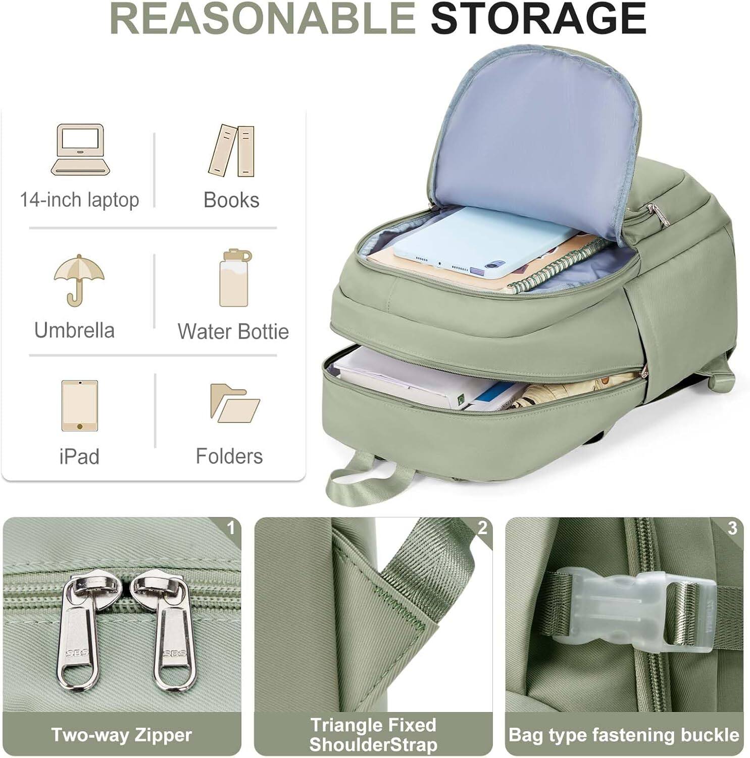 REASONABLE STORAGE

14-inch laptop  
Books  
Umbrella  
Water Bottle  
iPad  
Folders  

1. Two-way Zipper  
2. Triangle Fixed Shoulder Strap  
3. Bag type fastening buckle