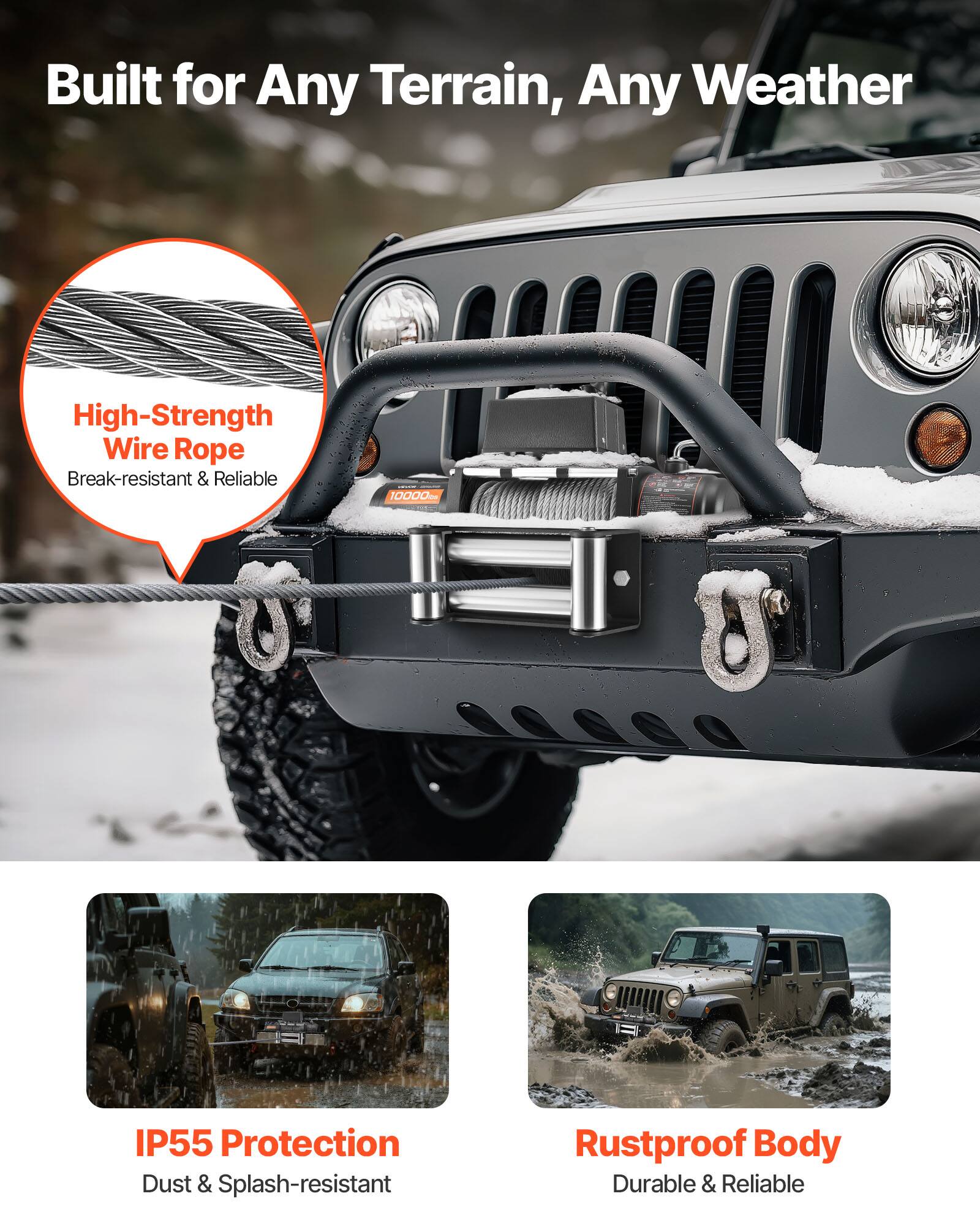 Built for Any Terrain, Any Weather

- High-Strength Wire Rope
  - Break-resistant & Reliable

- IP55 Protection
  - Dust & Splash-resistant

- Rustproof Body
  - Durable & Reliable