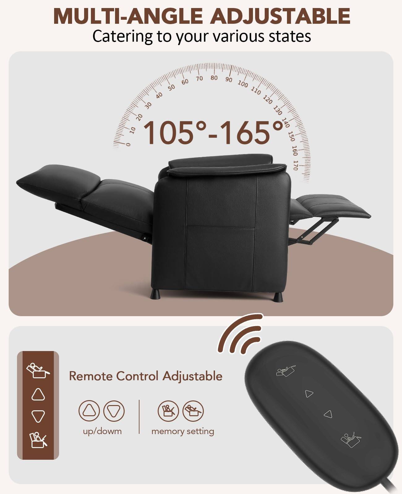 MULTI-ANGLE ADJUSTABLE  
Catering to your various states  

105°-165°  

Remote Control Adjustable  
up/down  
memory setting