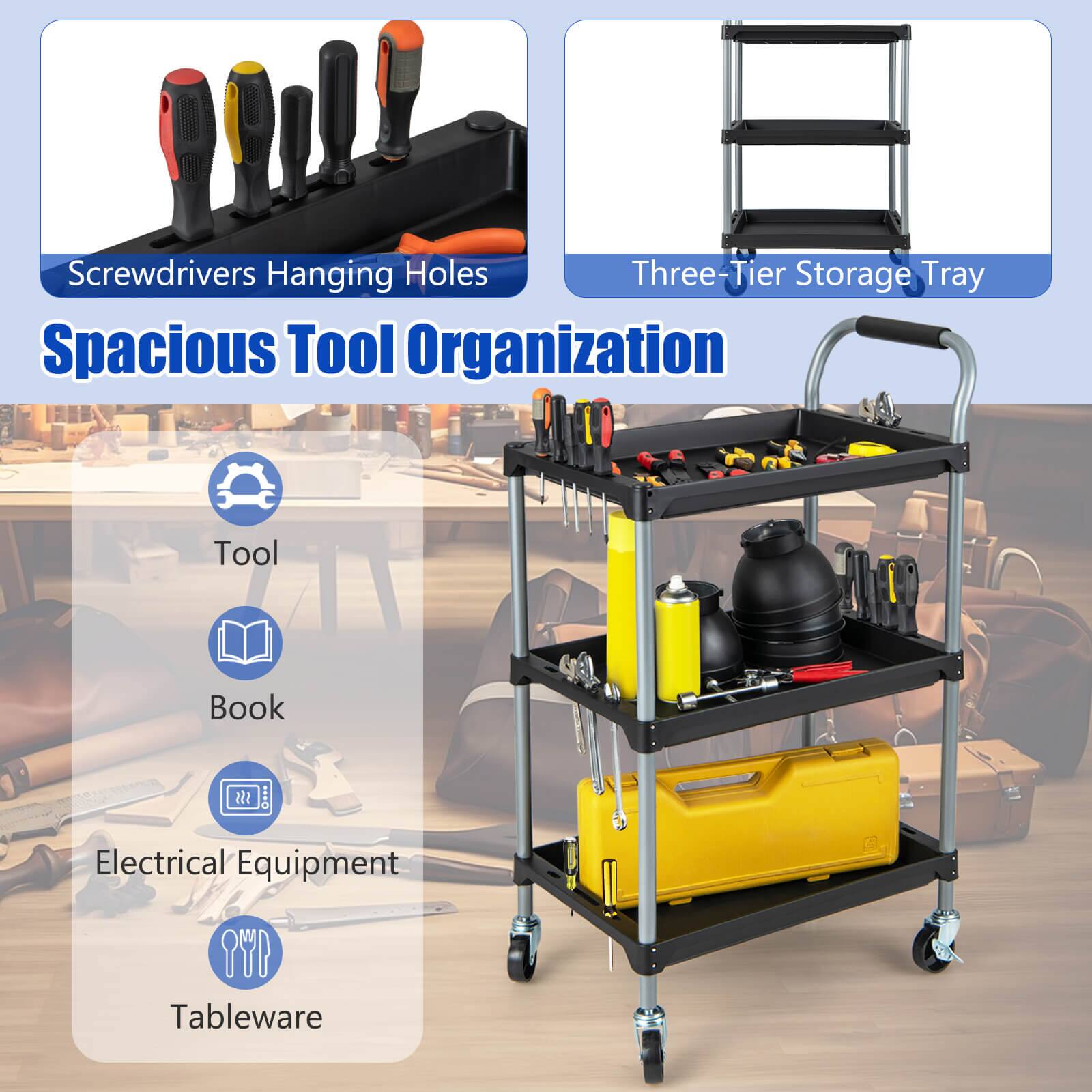 Screwdrivers Hanging Holes  
Three-Tier Storage Tray  

Spacious Tool Organization  

Tool  
Book  
Electrical Equipment  
Tableware