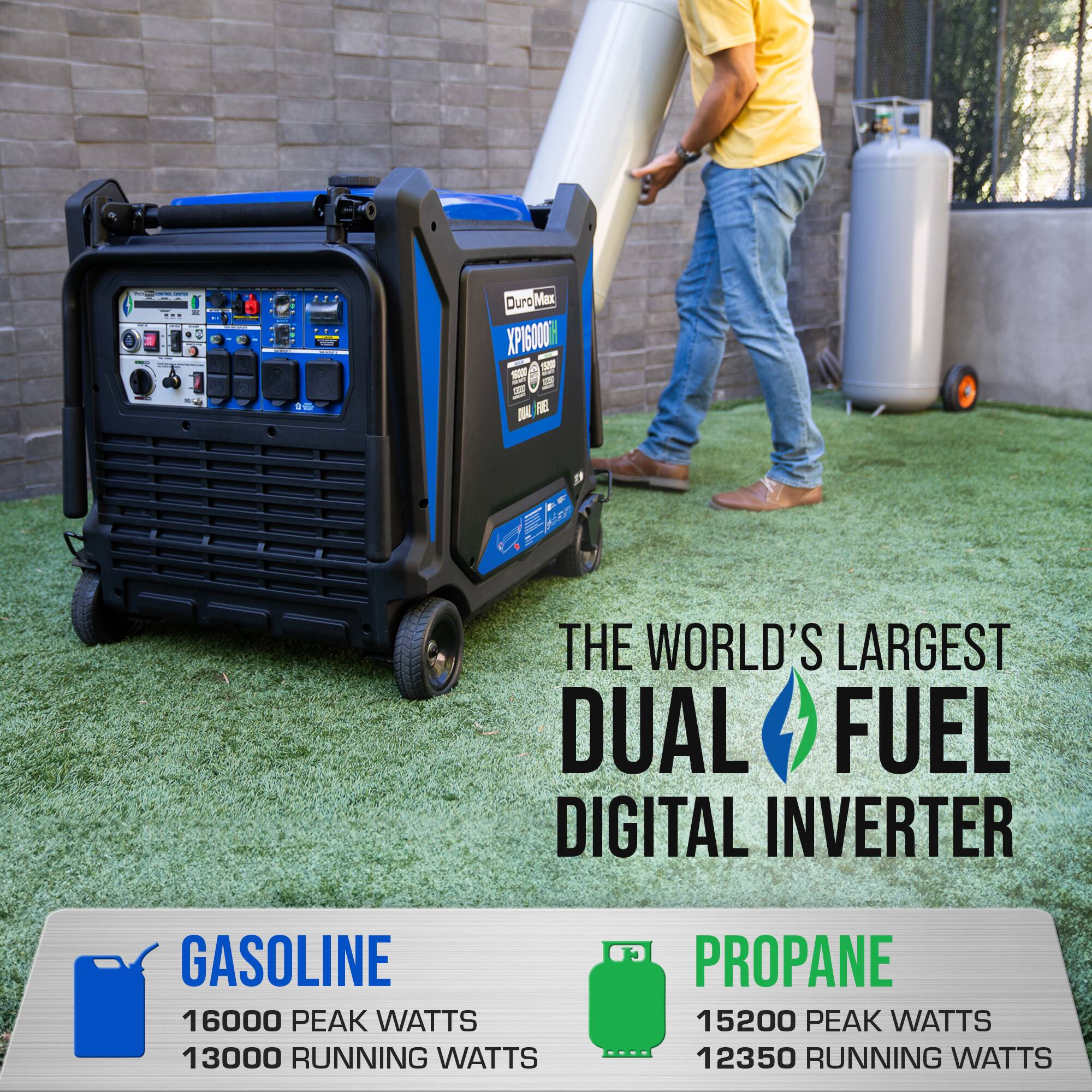 Duro Max XI600  
The World's Largest Dual Fuel Digital Inverter  
Gasoline: 16000 Peak Watts, 13000 Running Watts  
Propane: 15200 Peak Watts, 12350 Running Watts