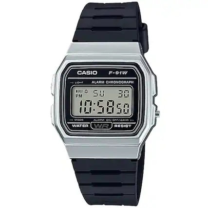 CASIO F-91W LIGHT ALARM CHRONOGRAPH
PM 5U 30 10:58 50
MOOE ALARM ON
CFF/24HR WATER WR RESIST