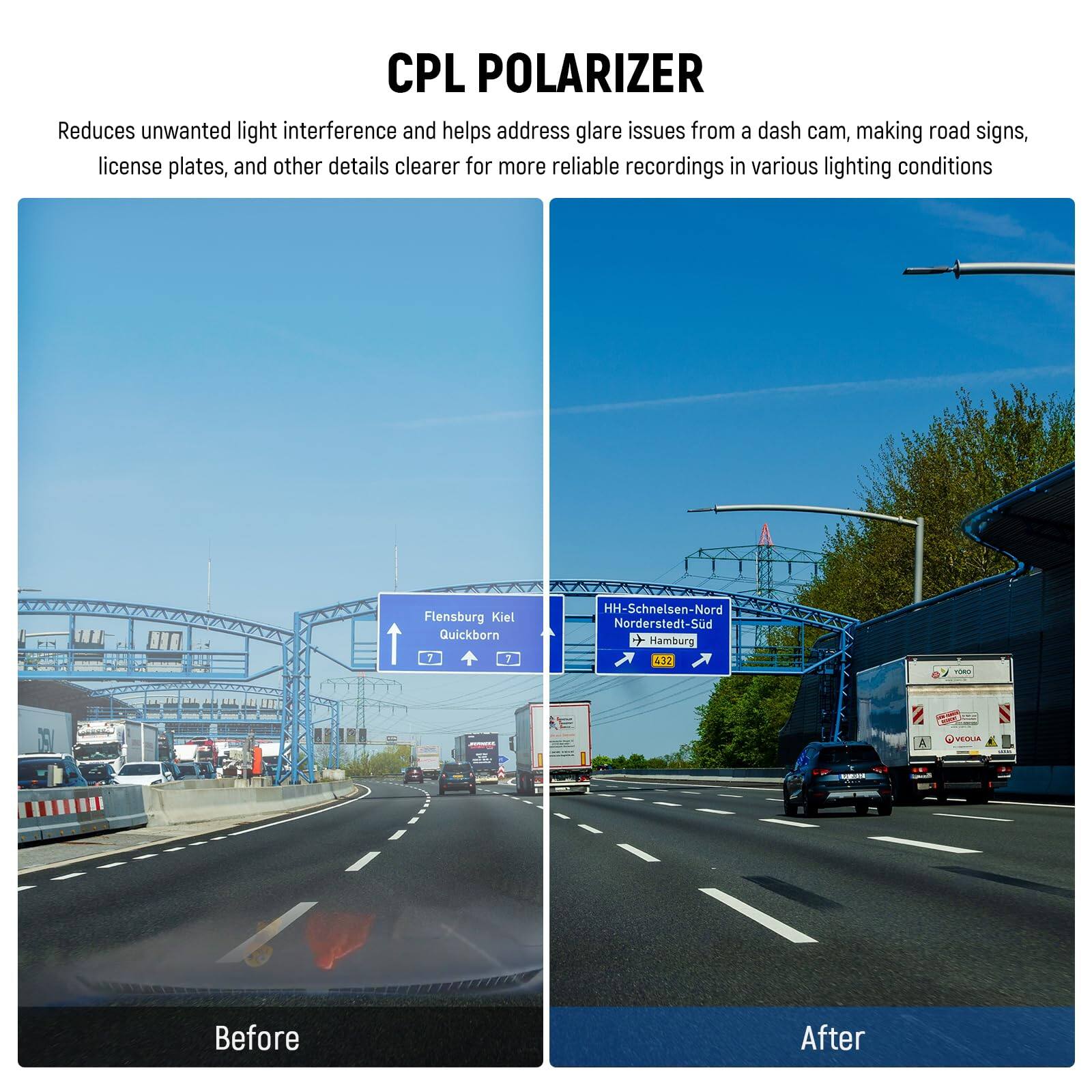CPL POLARIZER  
Reduces unwanted light interference and helps address glare issues from a dash cam, making road signs, license plates, and other details clearer for more reliable recordings in various lighting conditions  

Flensburg Kiel  
Quickborn  
7  
HH-Schnelsen-Nord  
Norderstedt-Süd  
+ Hamburg  
432  

Before  
After
