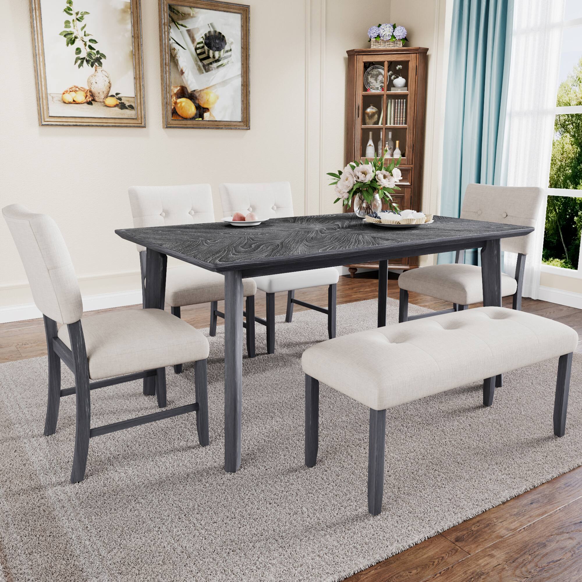 Angle. TinyHomie - 6 Piece Dining Room Table Set Rustic Farmhouse Dining Room Rectangular Table with 4 Upholstered Chairs and Bench - Gray.