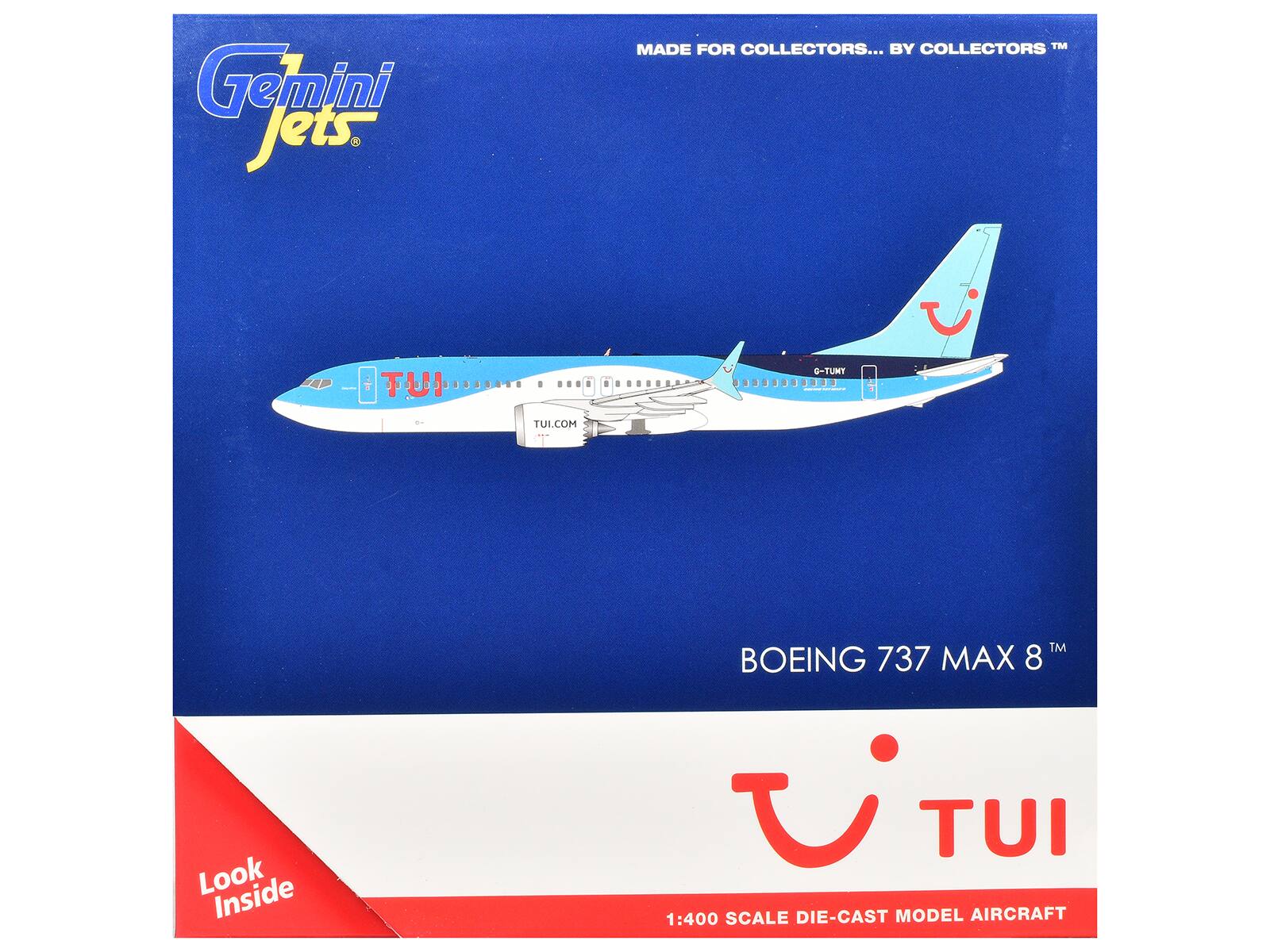 Gemini Jets  
MADE FOR COLLECTORS... BY COLLECTORS™  

BOEING 737 MAX 8™  

TUI.COM  

1:400 SCALE DIE-CAST MODEL AIRCRAFT  

Look Inside