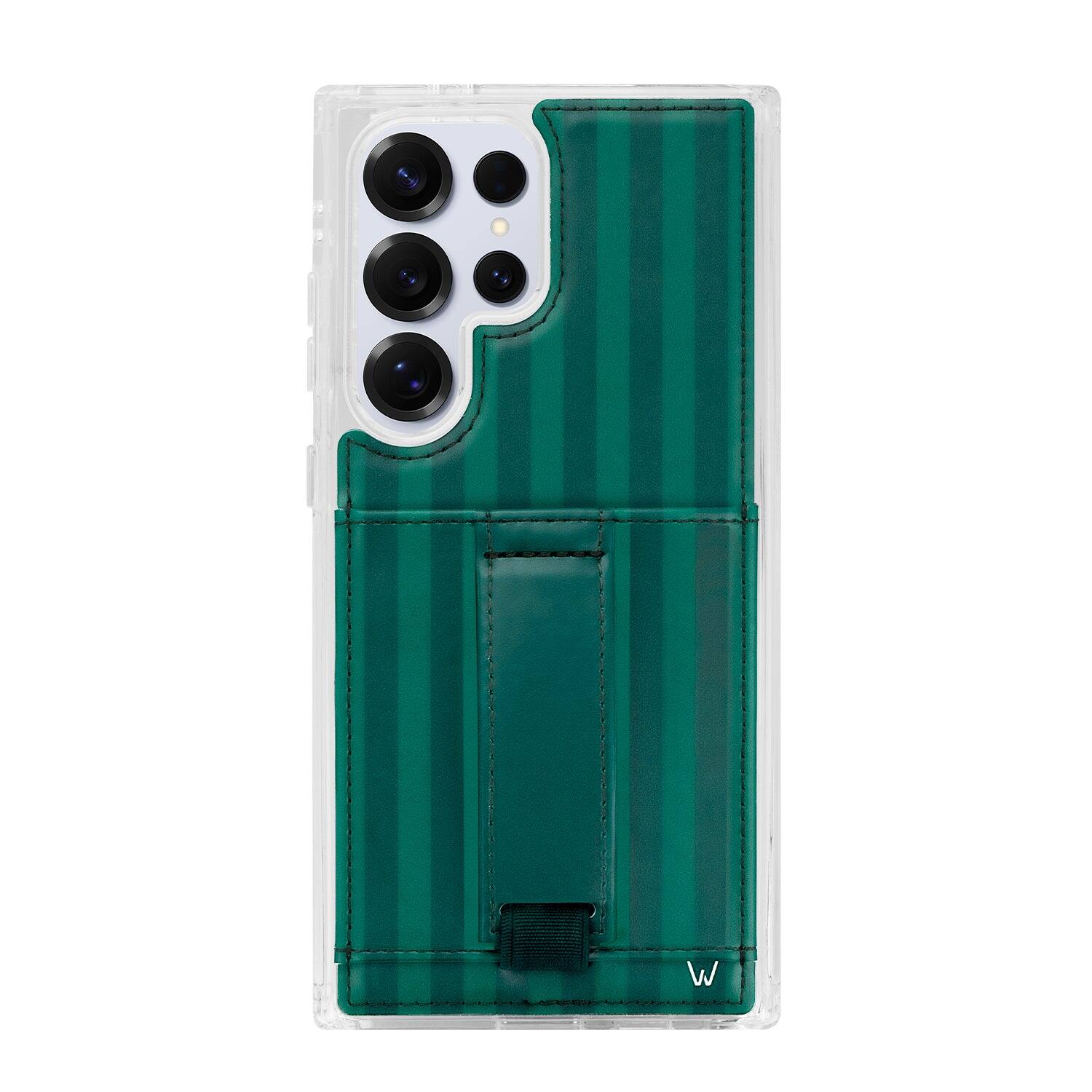Front. Walli Cases - Walli Cases Samsung S25 Ultra Phone Case with Wallet and Finger Strap - Evergreen - Evergreen Stripe.