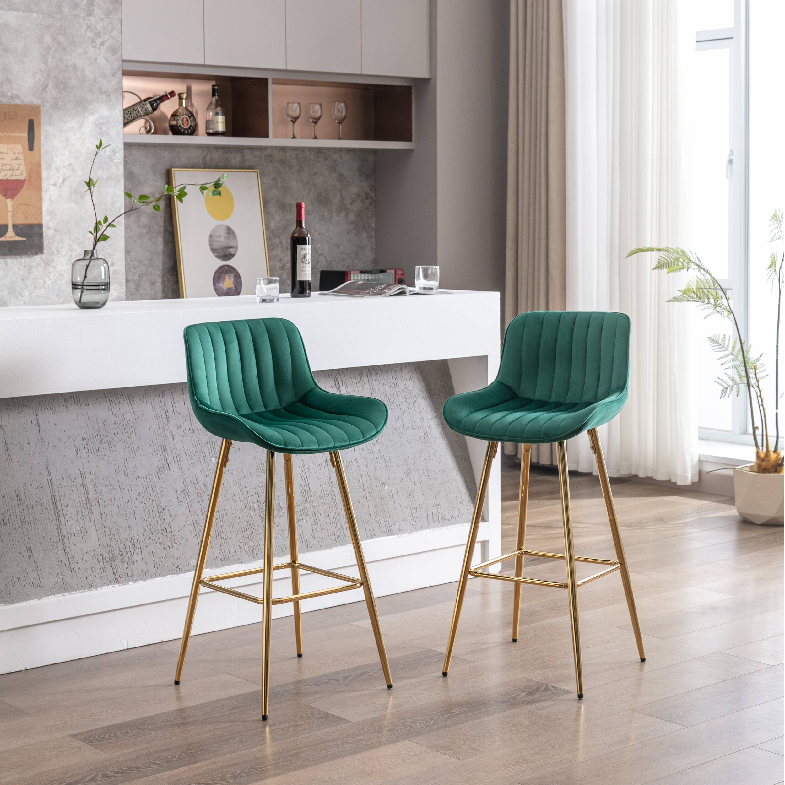 Back. Trinkets Crazed - Velvet Bar Stools Set of 2, 30 Inch Modern Barstools with Back&Gold Legs, Bar Height Stools for Kitchen Island - Green.