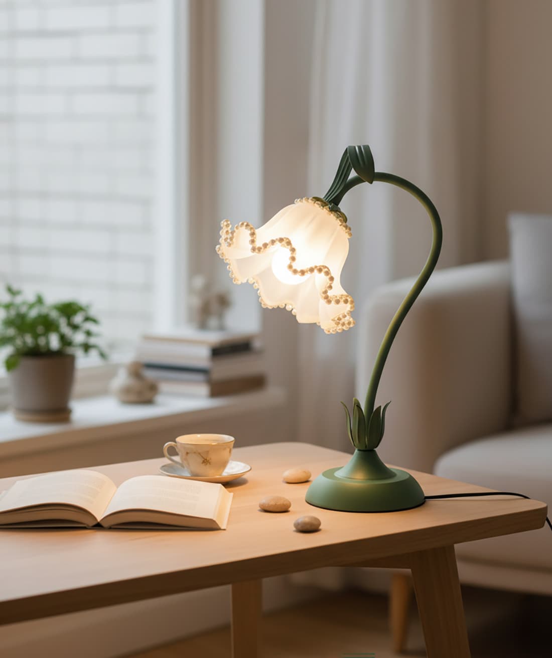 Alt View 2. FINEAK - Flower Table Lamp - 3-Color LED Night Light, Kawaii Decor (Green Pearls) - Green.