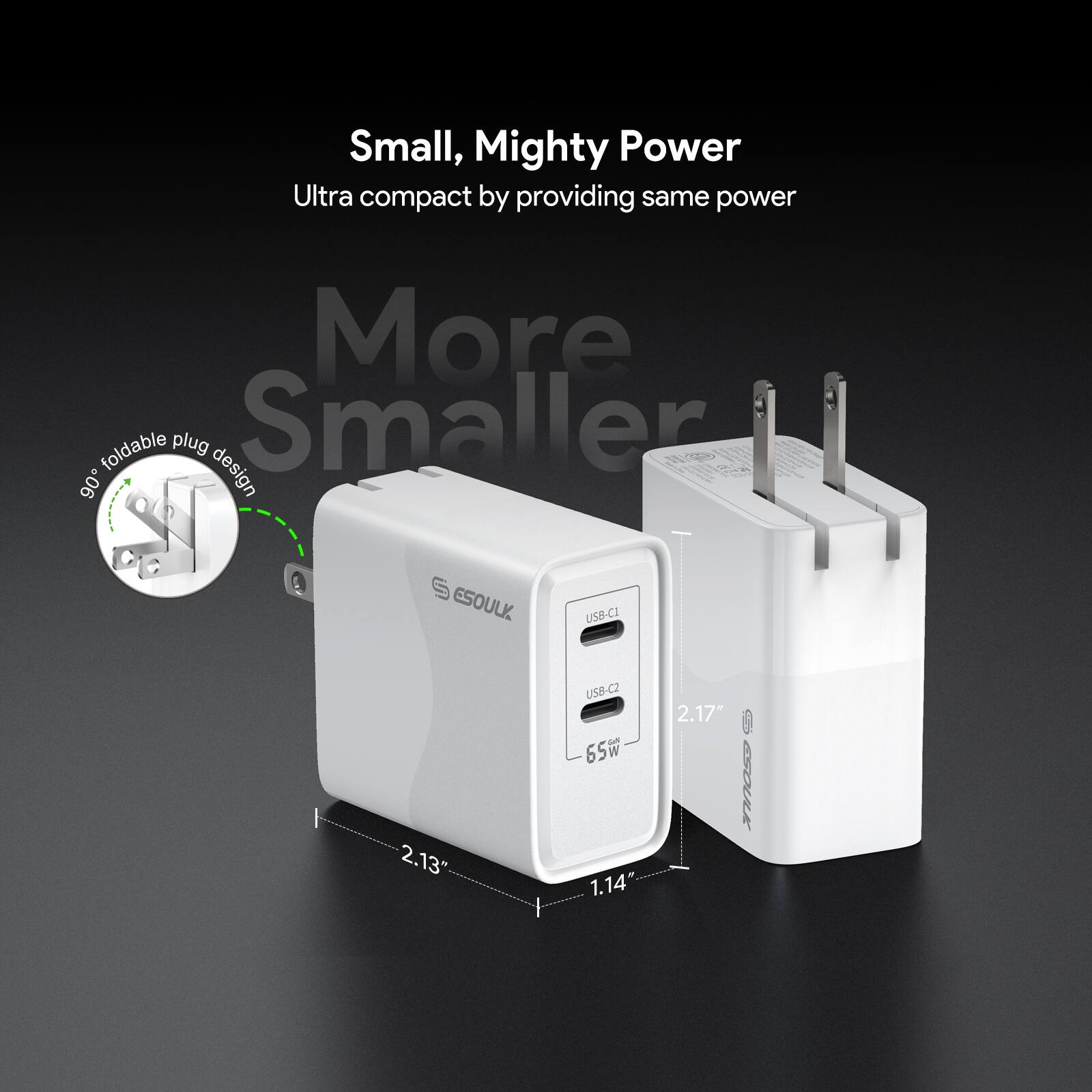 Small, Mighty Power  
Ultra compact by providing same power  

More Smaller  

90° foldable plug design  

ESOULK  
USS-C1  
65W  
USS-C2  

2.13"  
1.14"  
2.17"