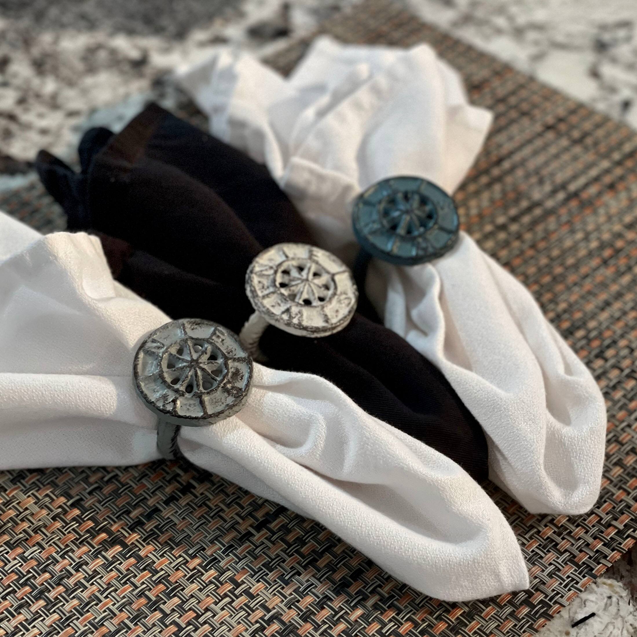 Alt View 4. Zeckos - Set of 6 Nautical Blue Cast Iron Compass Rose Napkin Rings Dining Decor - Nautical.