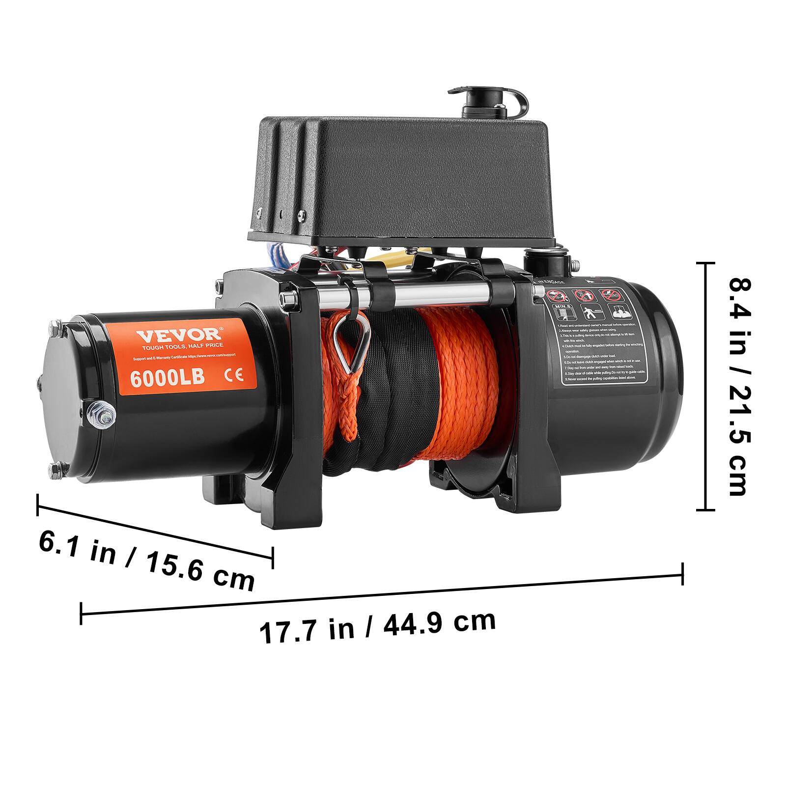 VEVOR TOUGH TOOLS, HALF PRICE  
6000LB CE  
6.1 in / 15.6 cm  
17.7 in / 44.9 cm  
8.4 in / 21.5 cm