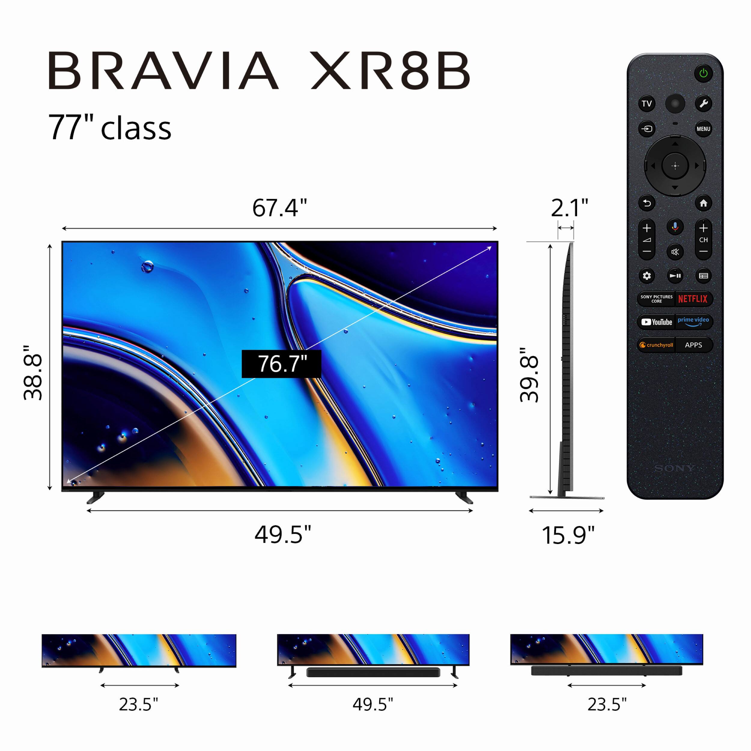 The corrected text is:

- BRAVIA XR8B
- 77" class TV
- MN 67.4"
- 2.1"
- 1 4 CH
- NETFLIX
- 38.8"
- 76.7"
- 39.8"
- prime video
- APPS
- SONY
- 49.5"
- 15.9"
- 23.5"
- 49.5"
- 23.5"