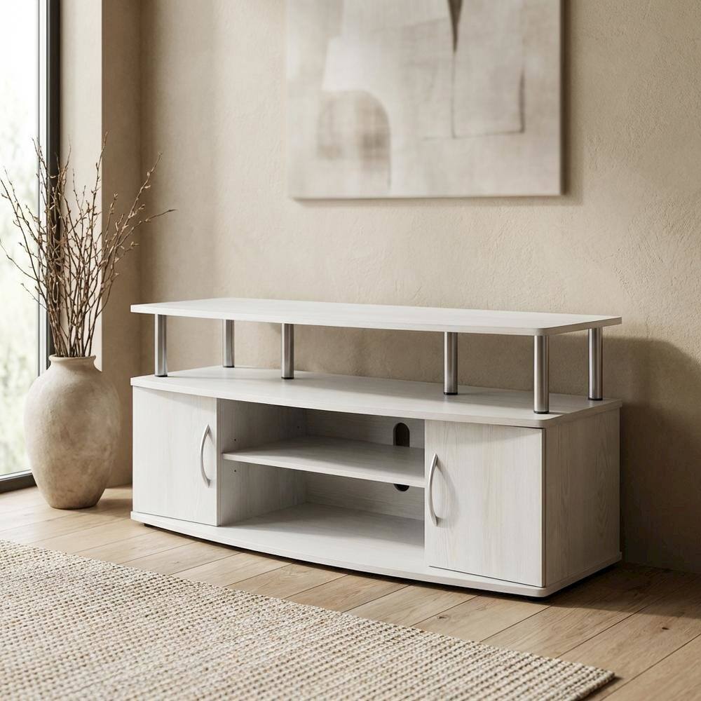 Left. FurniFact - White wood entertainment center for TVs up to 55 inches with ample storage space - White Wood/Stainless Steel.