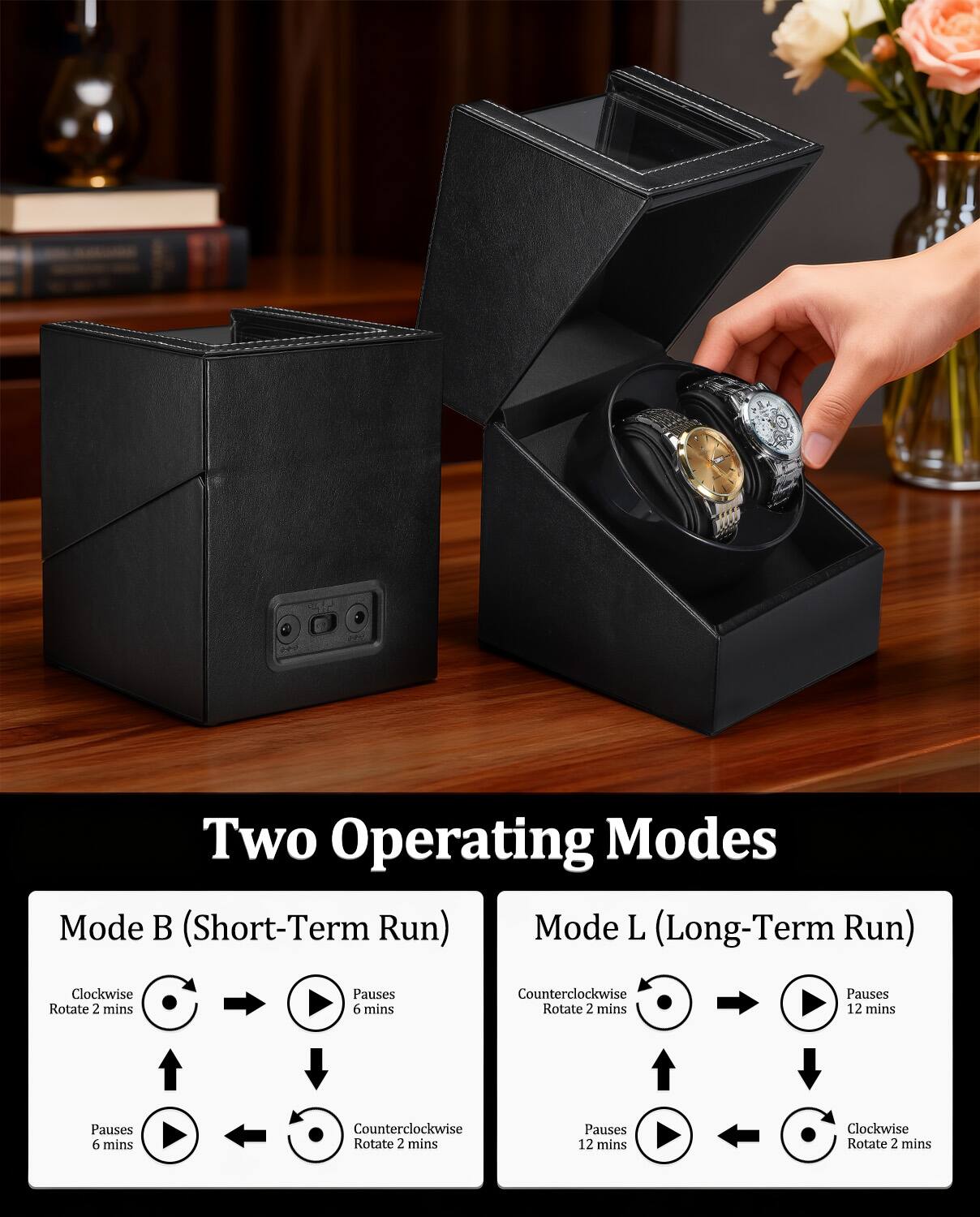 Two Operating Modes

Mode B (Short-Term Run)
- Clockwise Rotate 2 mins
- Pauses 6 mins
- Counterclockwise Rotate 2 mins
- Pauses 6 mins

Mode L (Long-Term Run)
- Counterclockwise Rotate 2 mins
- Pauses 12 mins
- Clockwise Rotate 2 mins
- Pauses 12 mins