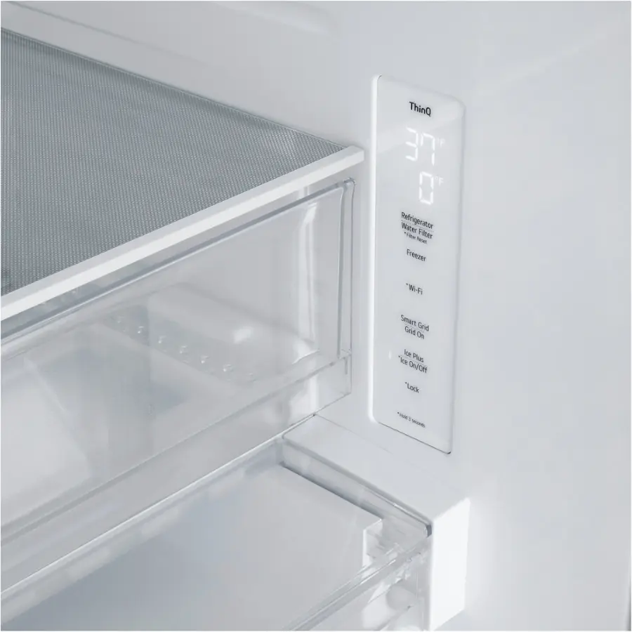 The text on the image reads: "ThinQ 3T 0 Water Refrigerator "t Filter heu Freezer "WF) am2 Grid Grid On Ice Ie Pus MOVIO "Lack ' - ."