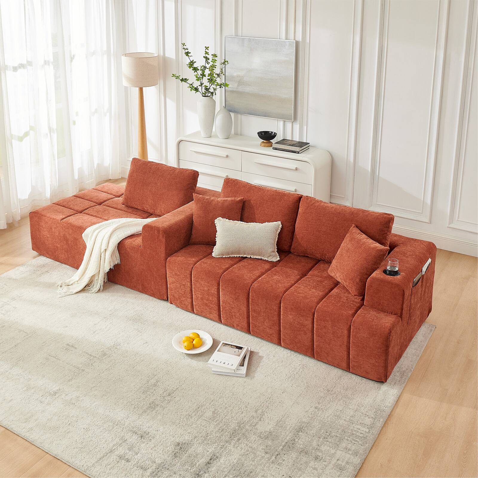 Angle. Anysun - 108" L-Shaped Compression Chenille Sectional Sofa with Left Chaise, Cup Holders & Side Pockets, No Assembly - Orange.