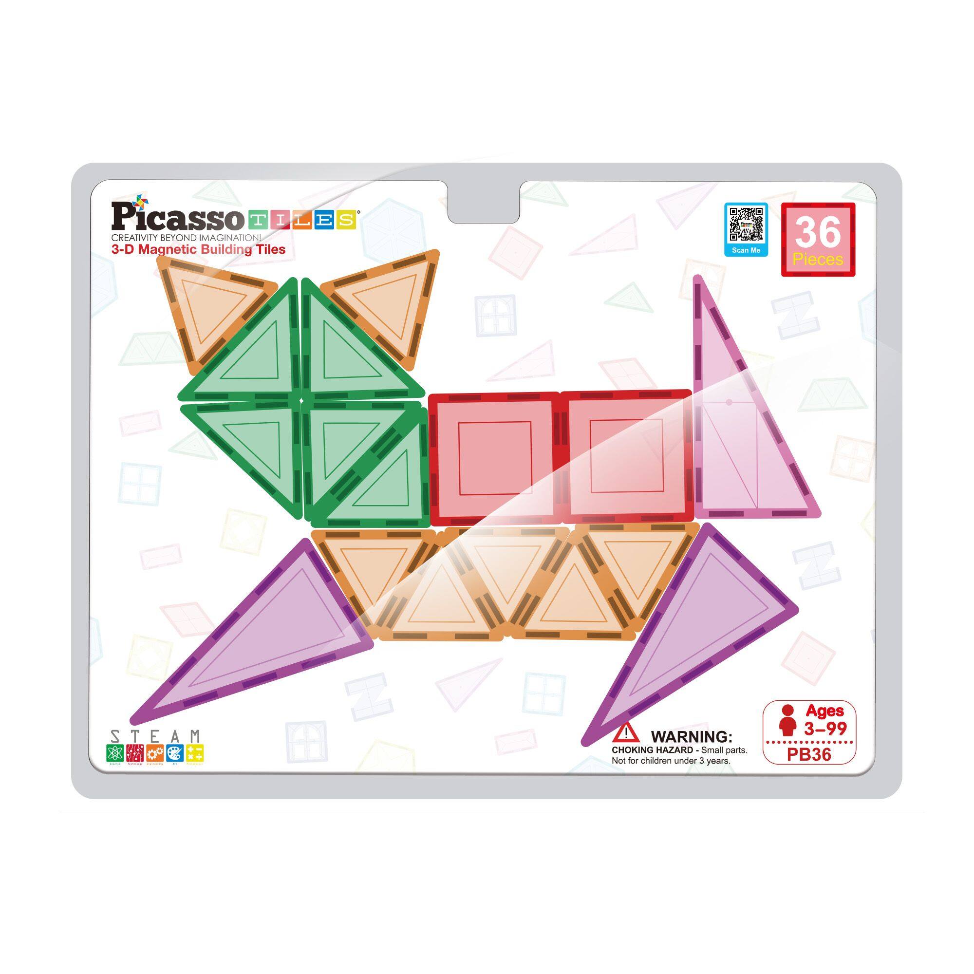 Picasso Tiles  
Creativity Beyond Imagination  
3-D Magnetic Building Tiles  

36 Pieces  

STEAM  

WARNING: CHOKING HAZARD - Small parts. Not for children under 3 years.  
Ages 3-99  
PB36