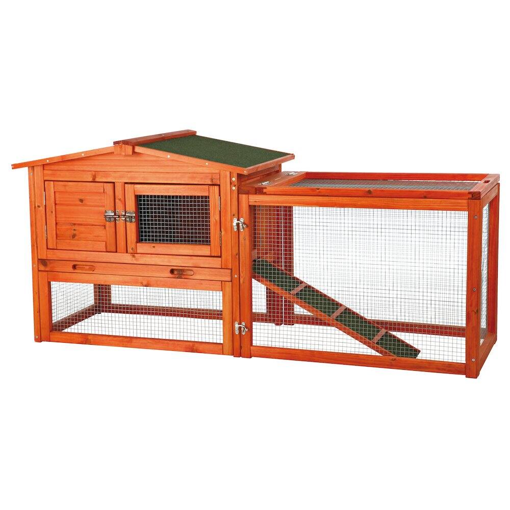 Front. TRIXIE - Weatherproof Outdoor 2-Story Wooden Small Animal Hutch, Run & Pull-Out Tray - Brown.