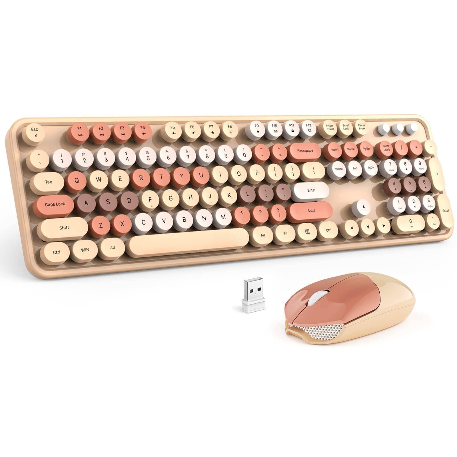 Cozy Serene - Wireless And Mouse Combo Blue Colorful Round Key Typewriter Keyboards hz Full Size Computer Mice Usb Receiver Plug Play - Milk Tea Colorful