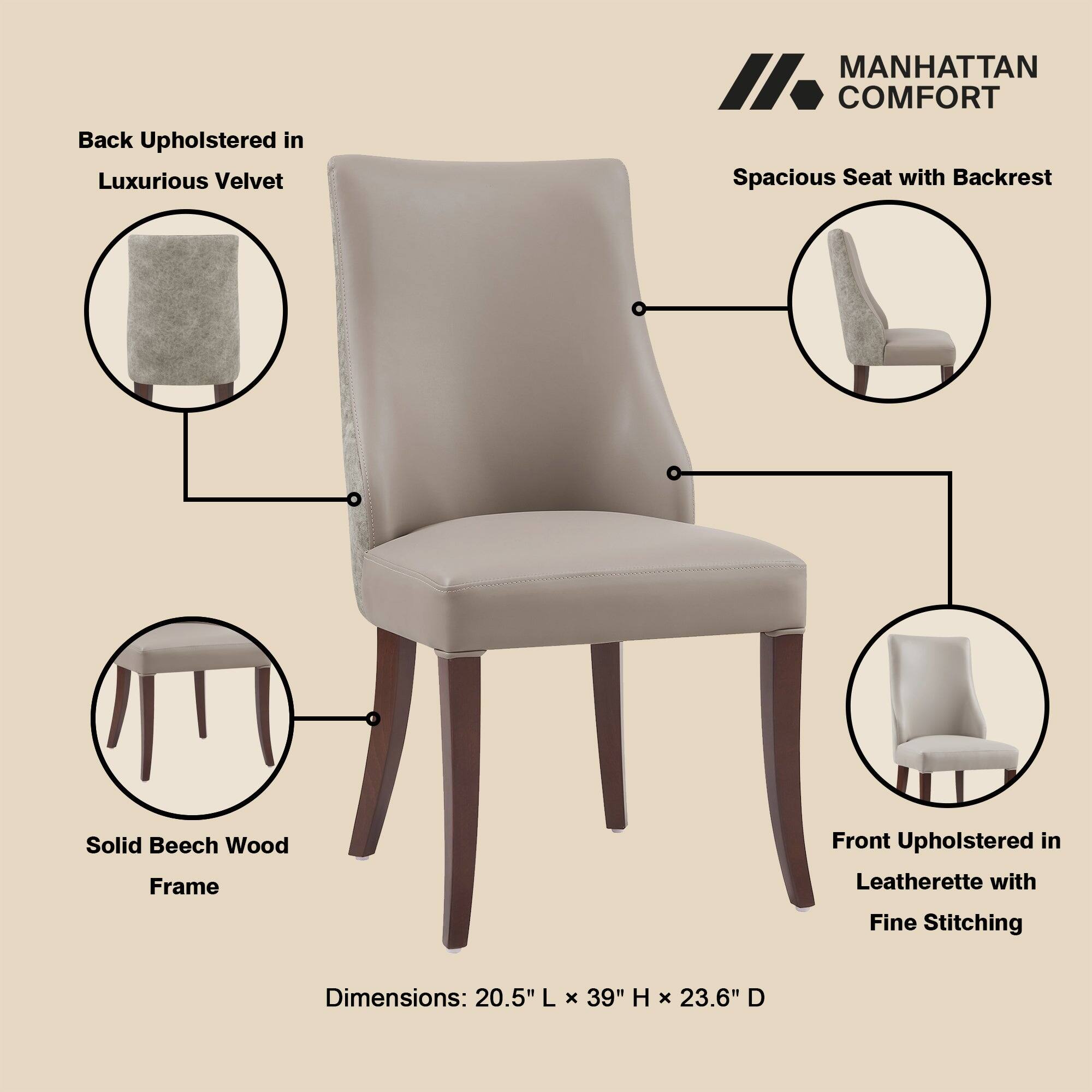 Back Upholstered in Luxurious Velvet  
MANHATTAN COMFORT Spacious Seat with Backrest  
Solid Beech Wood Frame  
Front Upholstered in Leatherette with Fine Stitching  
Dimensions: 20.5" L x 39" H x 23.6" D