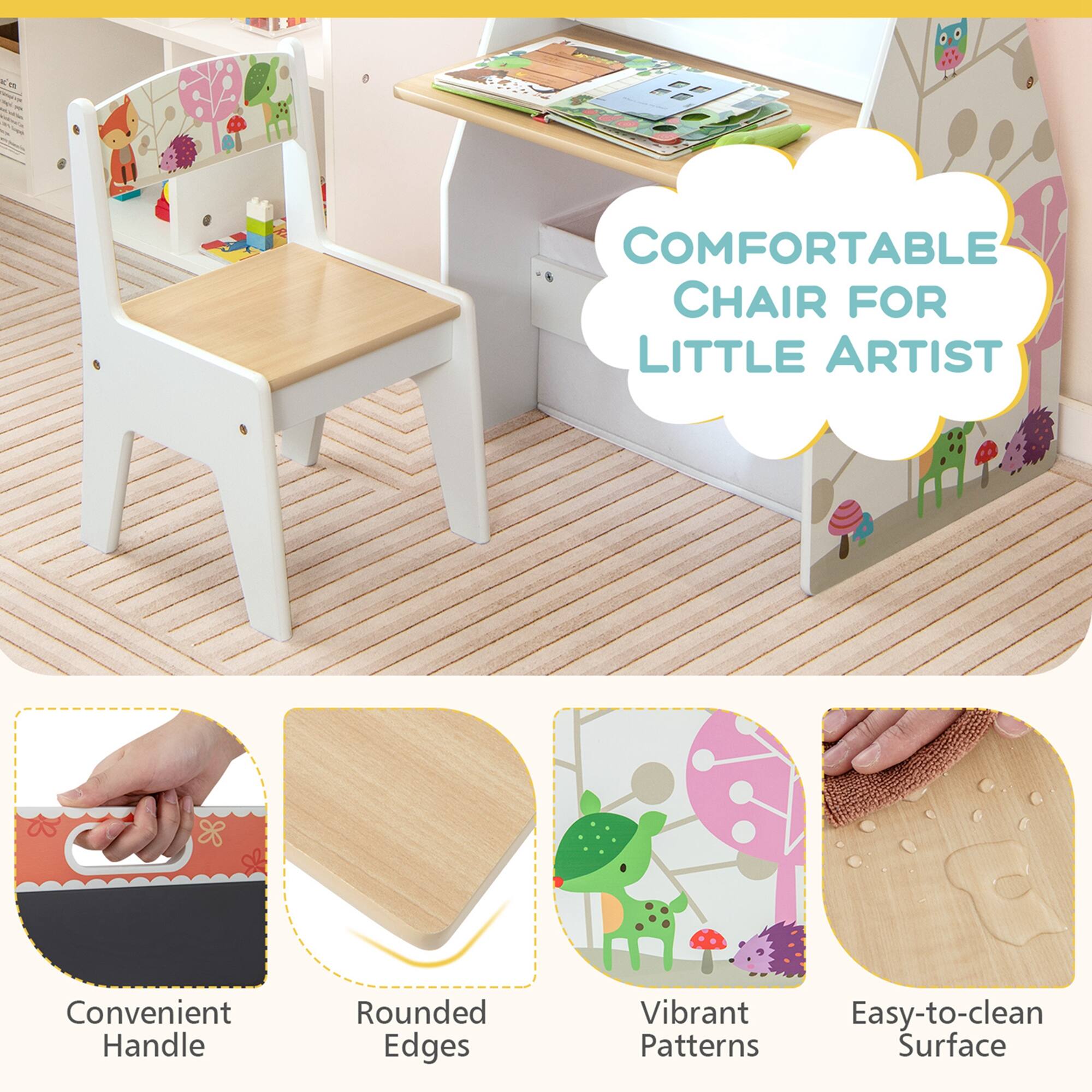COMFORTABLE CHAIR FOR LITTLE ARTIST Convenient Handle Rounded Edges Vibrant Patterns Easy-to-clean Surface
