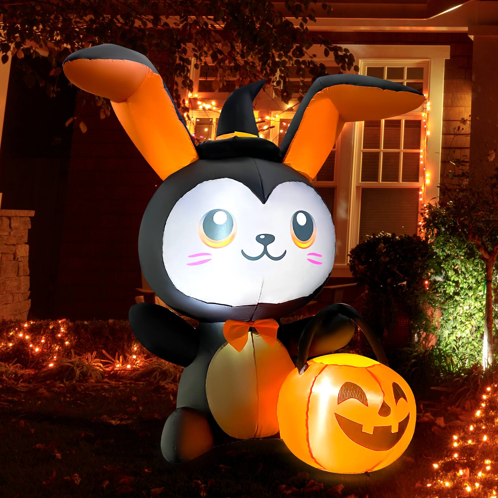 Left. GOOSH Inflatables - GOOSH 5FT Inflatable Halloween Bunny with Pumpkin – Light-Up Yard Decoration - Black.