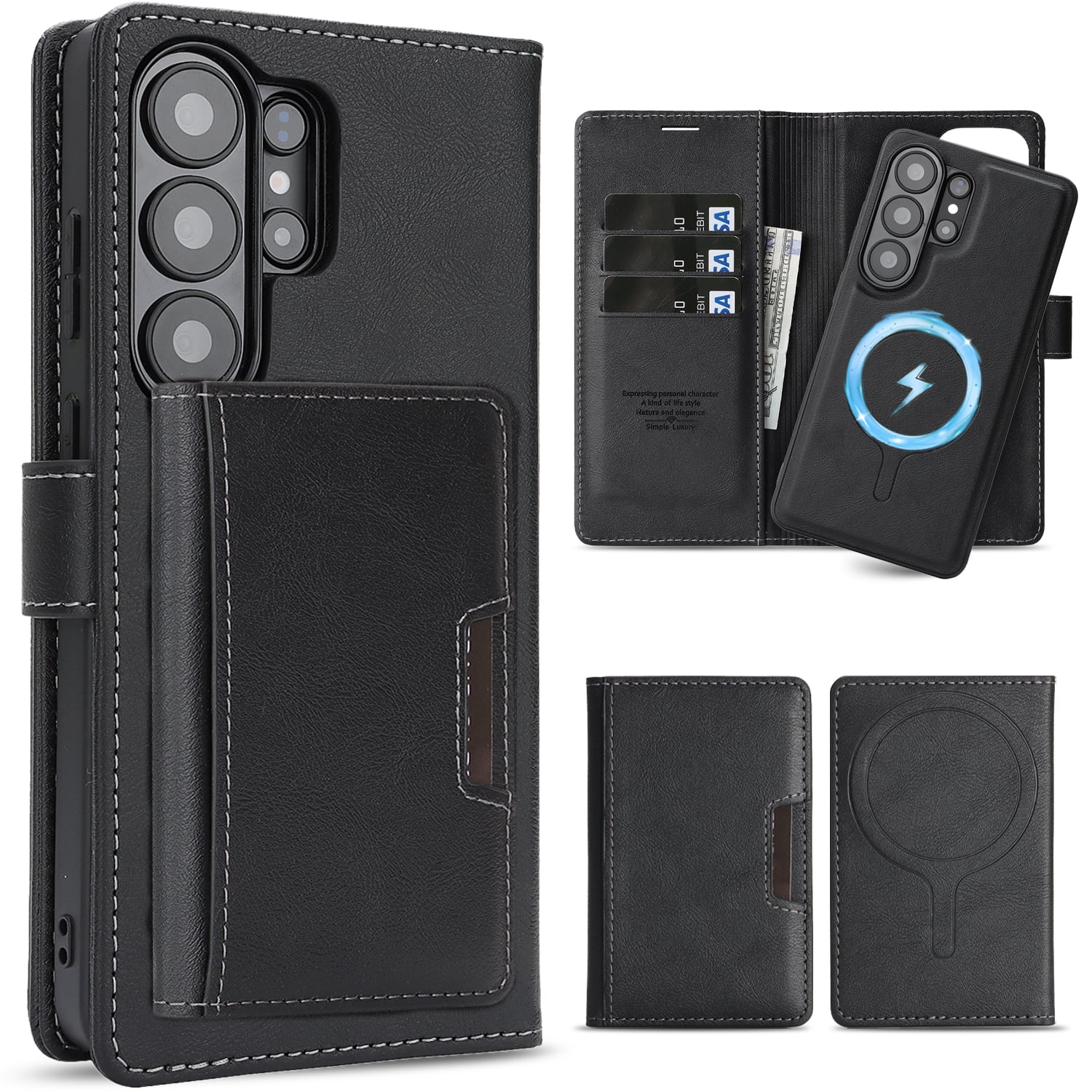 Dteck - Magnetic Case for Samsung Galaxy S26 Ultra, 3-in-1 Leather Kickstand Mag Safe Detachable Case With Card Holder - Black