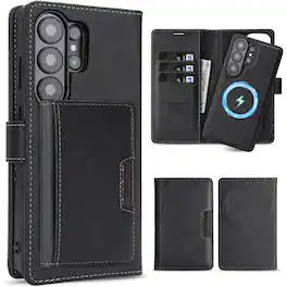 Dteck - Magnetic Case for Samsung Galaxy S26 Ultra, 3-in-1 Leather Kickstand Mag Safe Detachable Case With Card Holder - Black