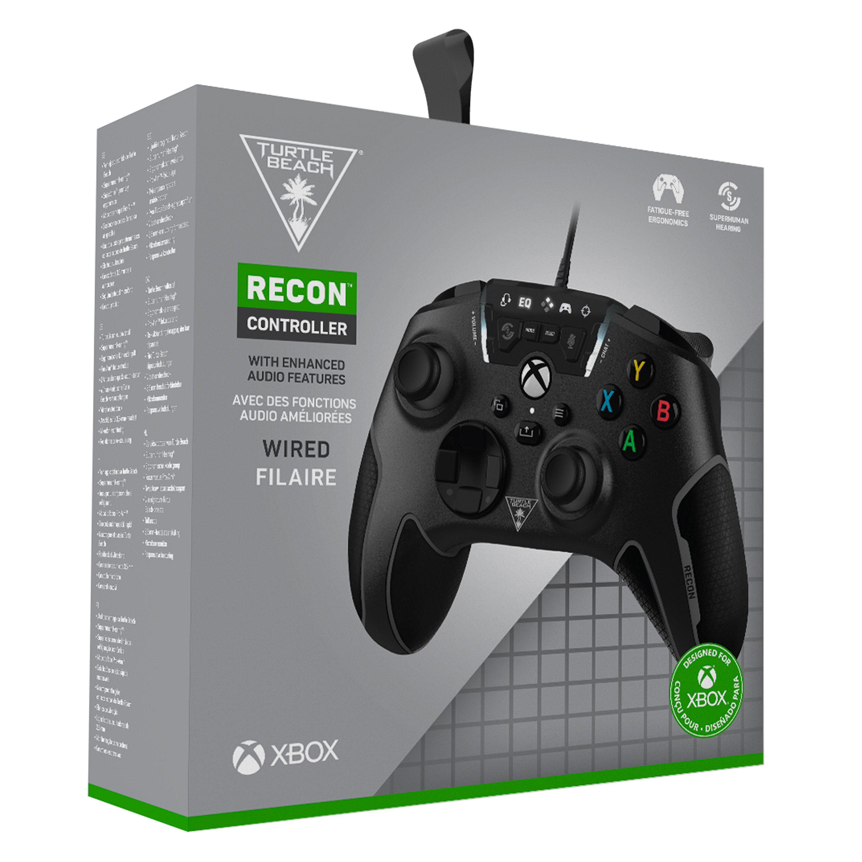 The text on the image reads: "TURTLE BEACH RECON CONTROLLER WITH ENHANCED AUDIO FEATURES WIRED FILAIRE EQ F - Y X A n RECON nOA COWc IN o XBOX DESIGND FOR CO XBOX PARA POUR DITERADO."