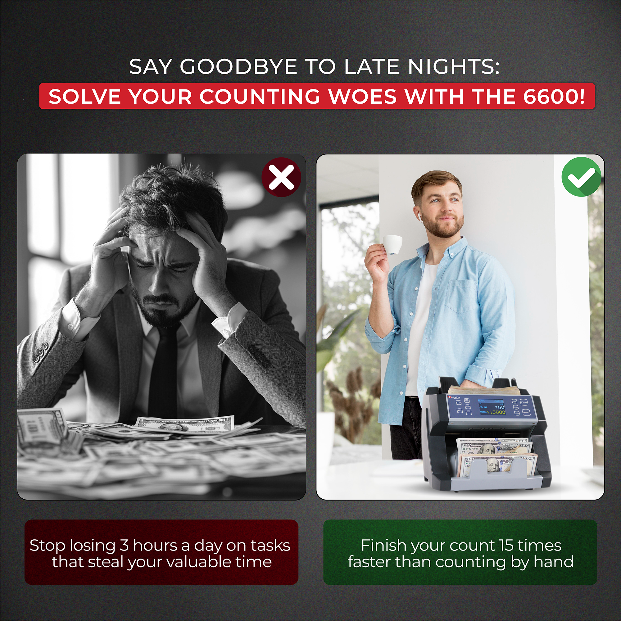 SAY GOODBYE TO LATE NIGHTS:  
SOLVE YOUR COUNTING WOES WITH THE 6600!

Stop losing 3 hours a day on tasks that steal your valuable time

Finish your count 15 times faster than counting by hand