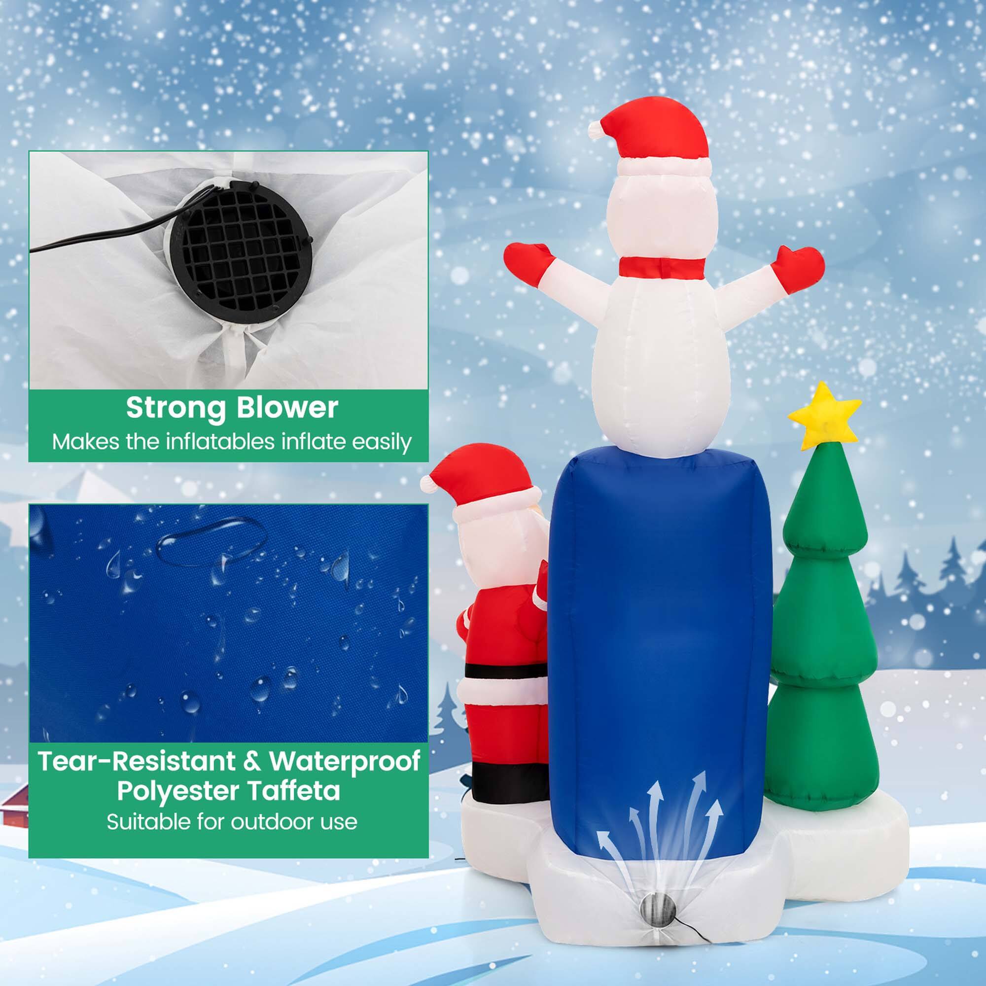 The text on the image reads: "Strong Blower Makes the inflatables inflate easily Tear-Resistant & Waterproof Polyester Taffeta Suitable for outdoor use."
