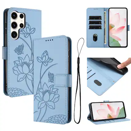 Front. Dteck - Shockproof Wallet Case for Samsung Galaxy S25 Ultra with Detachable Wrist Strap, Protective PU Leather Folio Stand Cover - Blue.