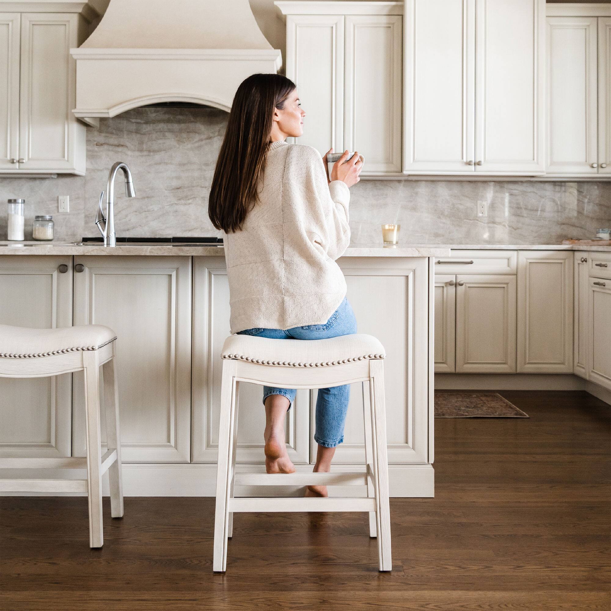 Alt View 10. Maven Lane - Maven Lane Adrien Saddle Bar Stool in White Oak Finish w/ Natural Fabric Upholstery, Set of 2 - White Oak.