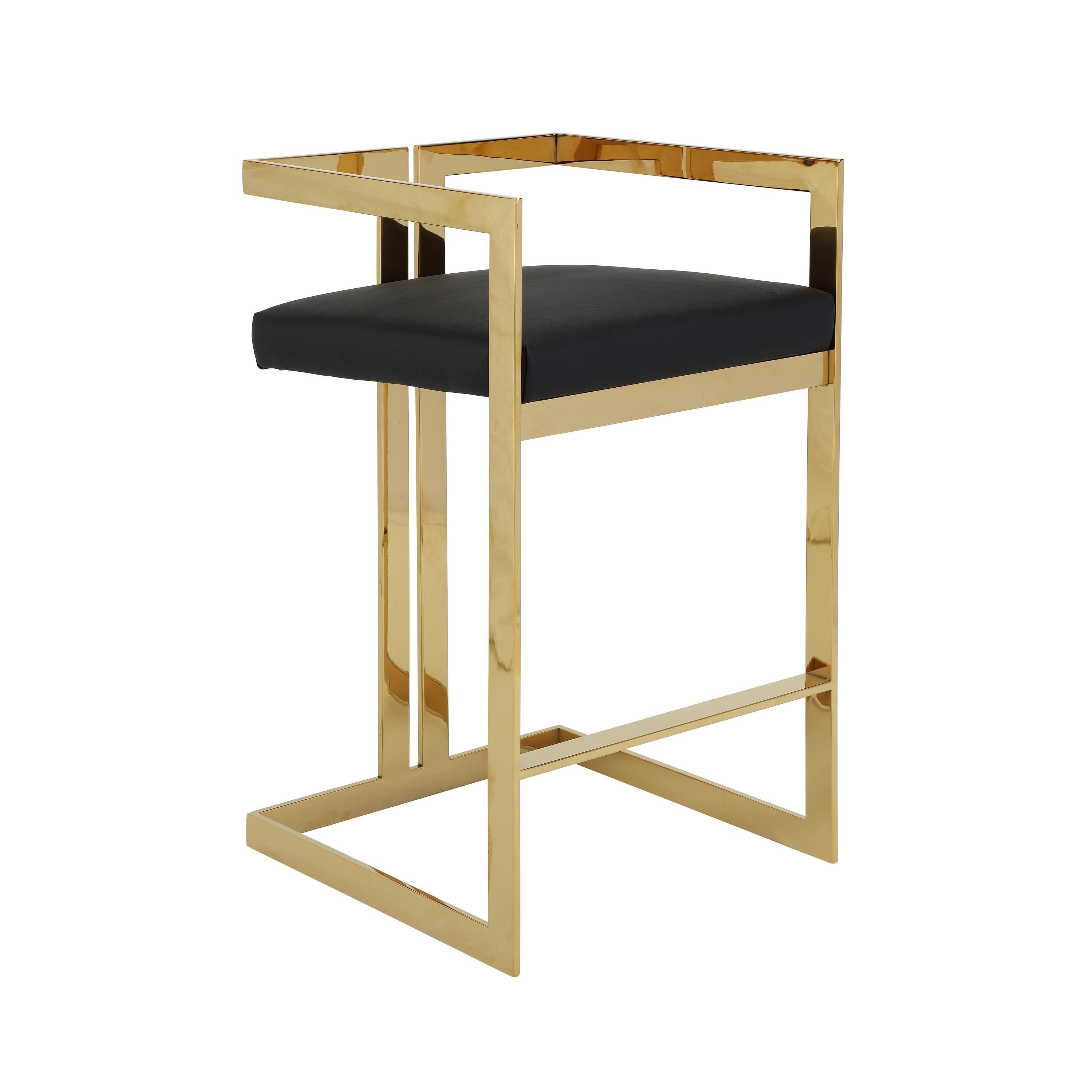 Manhattan Lane - Suki 30 Inch Barstool Chair, Black Faux Leather Seat, Gold Cantilever Base - Black/Gold