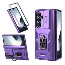 Dteck - Heavy Duty Rugged Case For Samsung Galaxy Z Fold 7 Shockproof Ring Kickstand Hinge Protection With Sliding Lens Cover - Purple