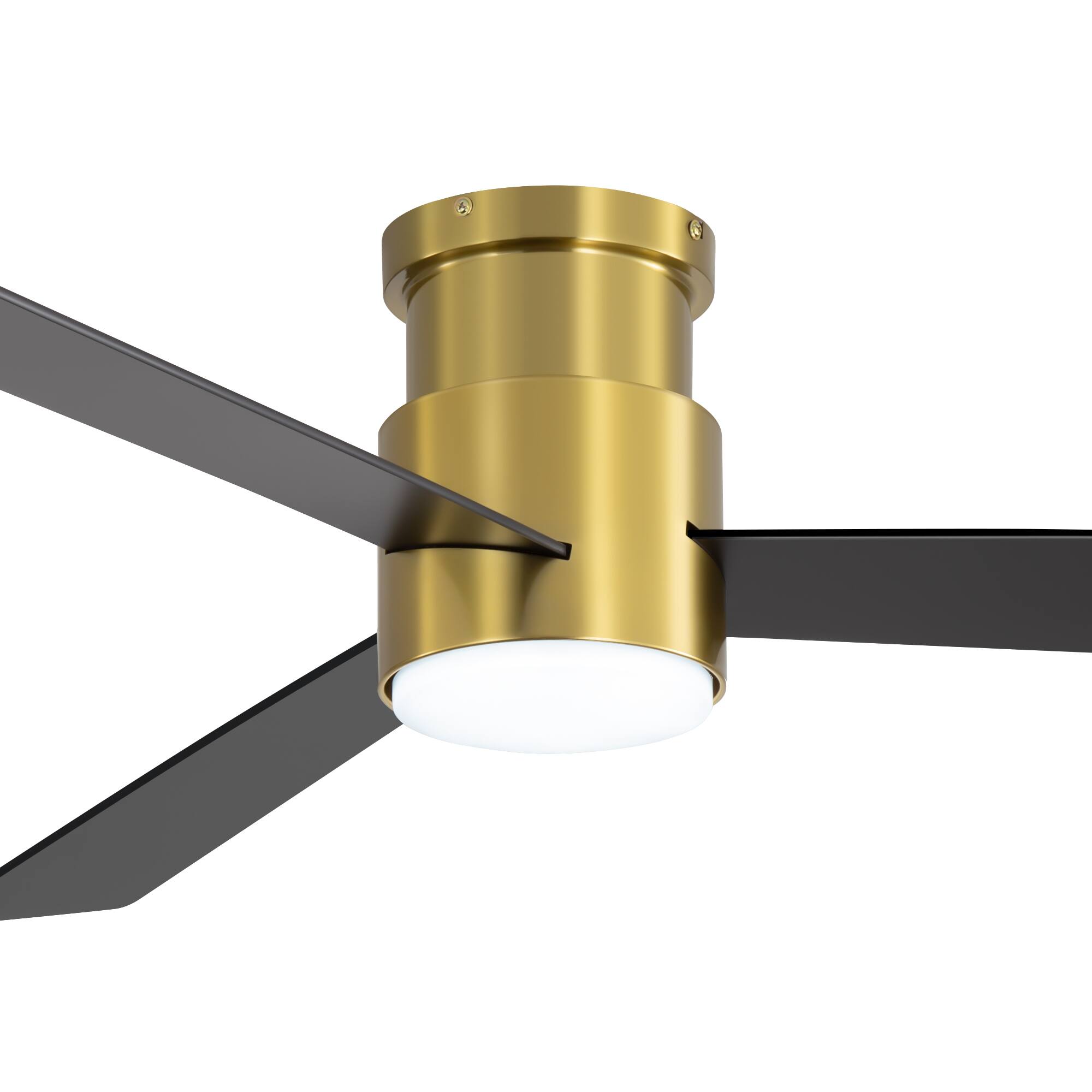 Left. Breezary - 52'' Flush Mount Ceiling Fan with 3 Plywood Blades, 3-Color Light, 6-Speed DC Motor, Remote with Timer & Memory - Golden and Matte Black.