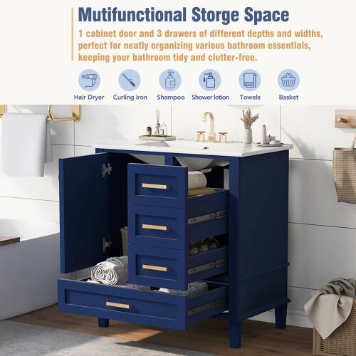 Mutifunctional Storage Space  
1 cabinet door and 3 drawers of different depths and widths, perfect for neatly organizing various bathroom essentials, keeping your bathroom tidy and clutter-free.  
Hair Dryer Curling iron Shampoo Shower lotion Towels Basket