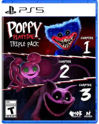 Pop Playtime TM Triple Pack is a video game that includes three chapters. The game is rated Teen for Adolescents and has an ESRB rating. The game is available on the PlayStation 5 console. - T (Teen 13+)
