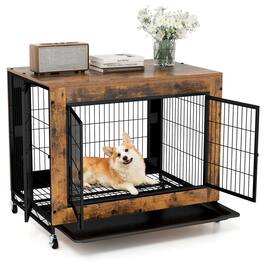 WELLFOR - Wooden Dog Crate Furniture with Flip-up Top & 3 Lockable Doors, Heavy Duty Dog Cage Dog Kennel with Removable Tray - Rustic Brown