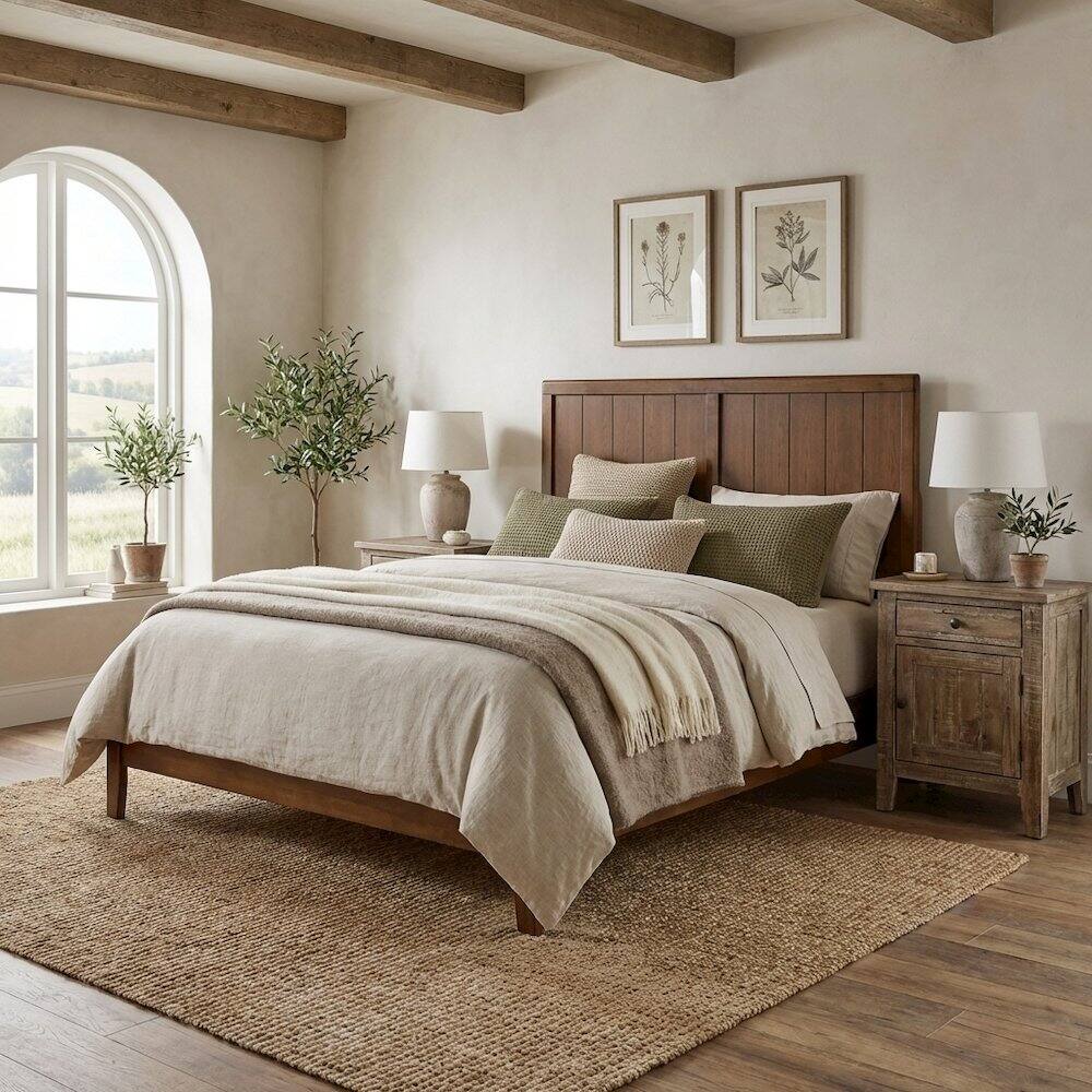Angle. FurniFact - Wood Full Headboard with Solid Construction and Easy Wall Mount Design - Brown.