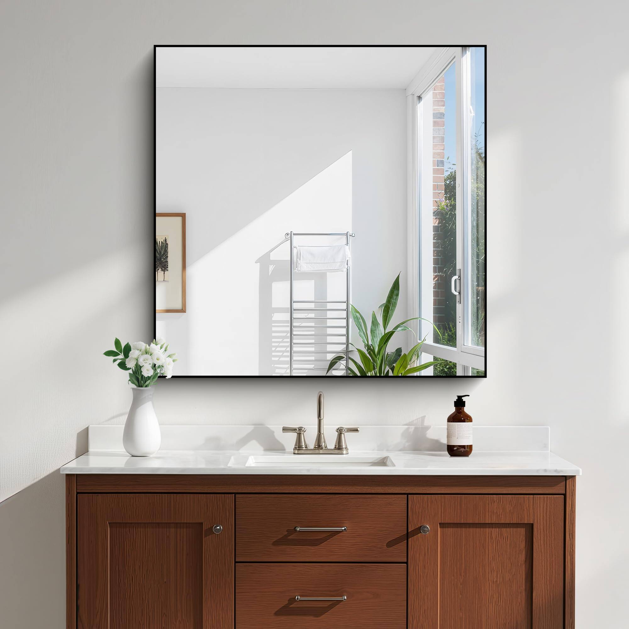 Alt View 4. Cedar Assembly - Wall Mounted Mirror Square Bathroom For Over Sink Vanity Aluminum Framed Decorative Bedroom Living Room F... - Black Rectangle-55"L x 40"W.