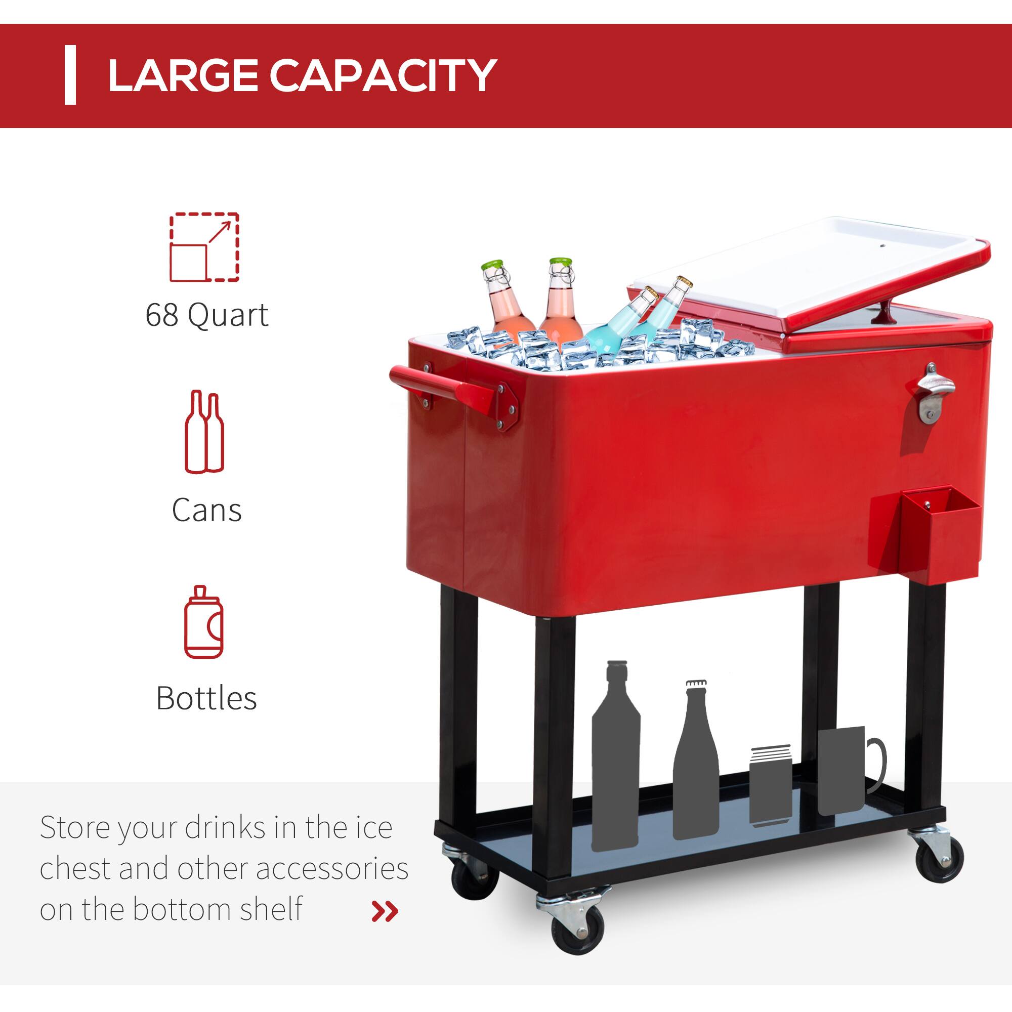 LARGE CAPACITY

68 Quart

Cans

Bottles

Store your drinks in the ice chest and other accessories on the bottom shelf