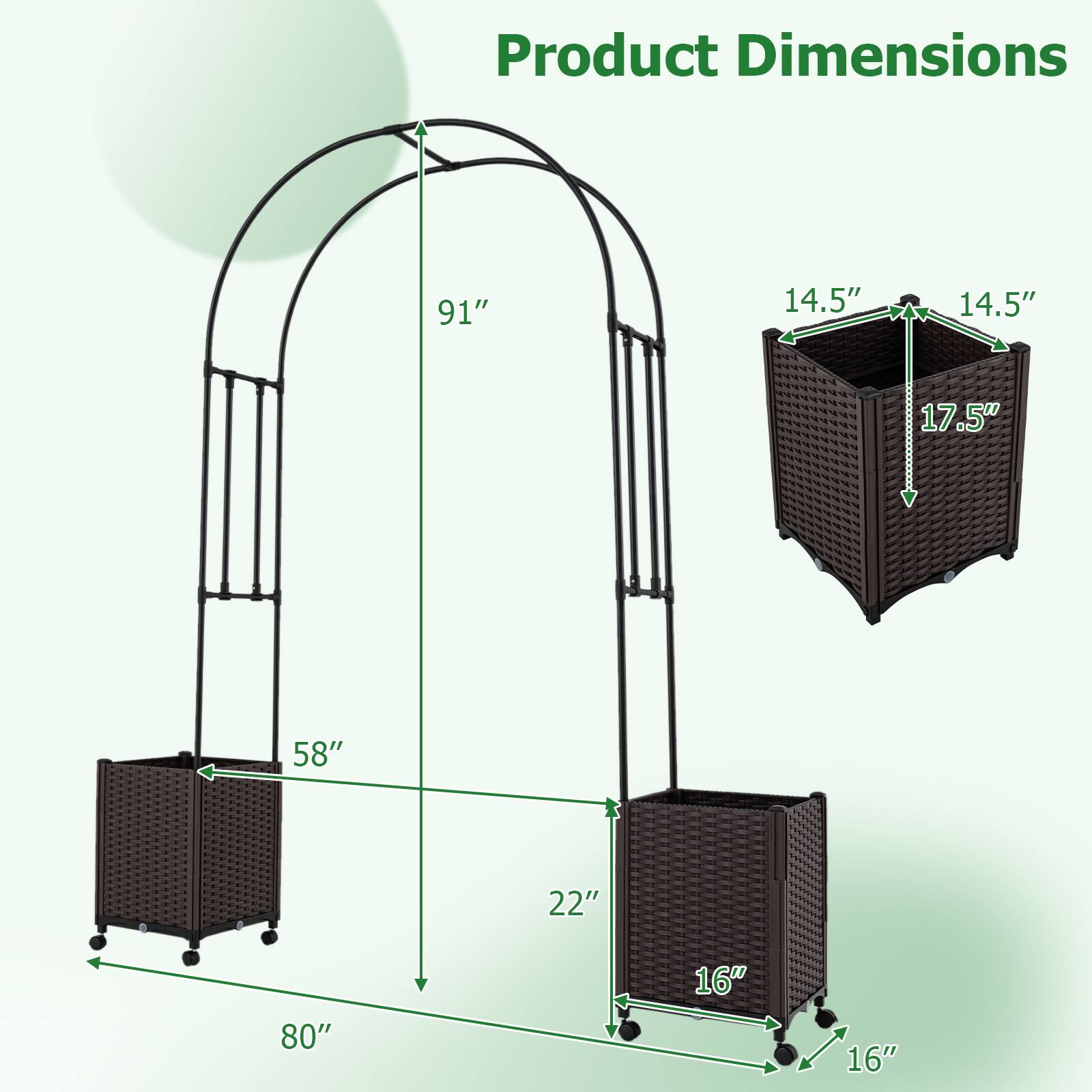 Product Dimensions: 91" H x 14.5" W x 14.5" D x 17.5" H (basket) x 58" W (base) x 22" D (base) x 80" L (overall) x 16" W (basket base) x 16" D (basket base)