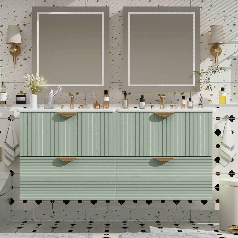 Left. Loheer - Loheer 48 inch Wall Mounted Bathroom Vanity Green Floating Double Vanity with Ceramic Sinks - Green.