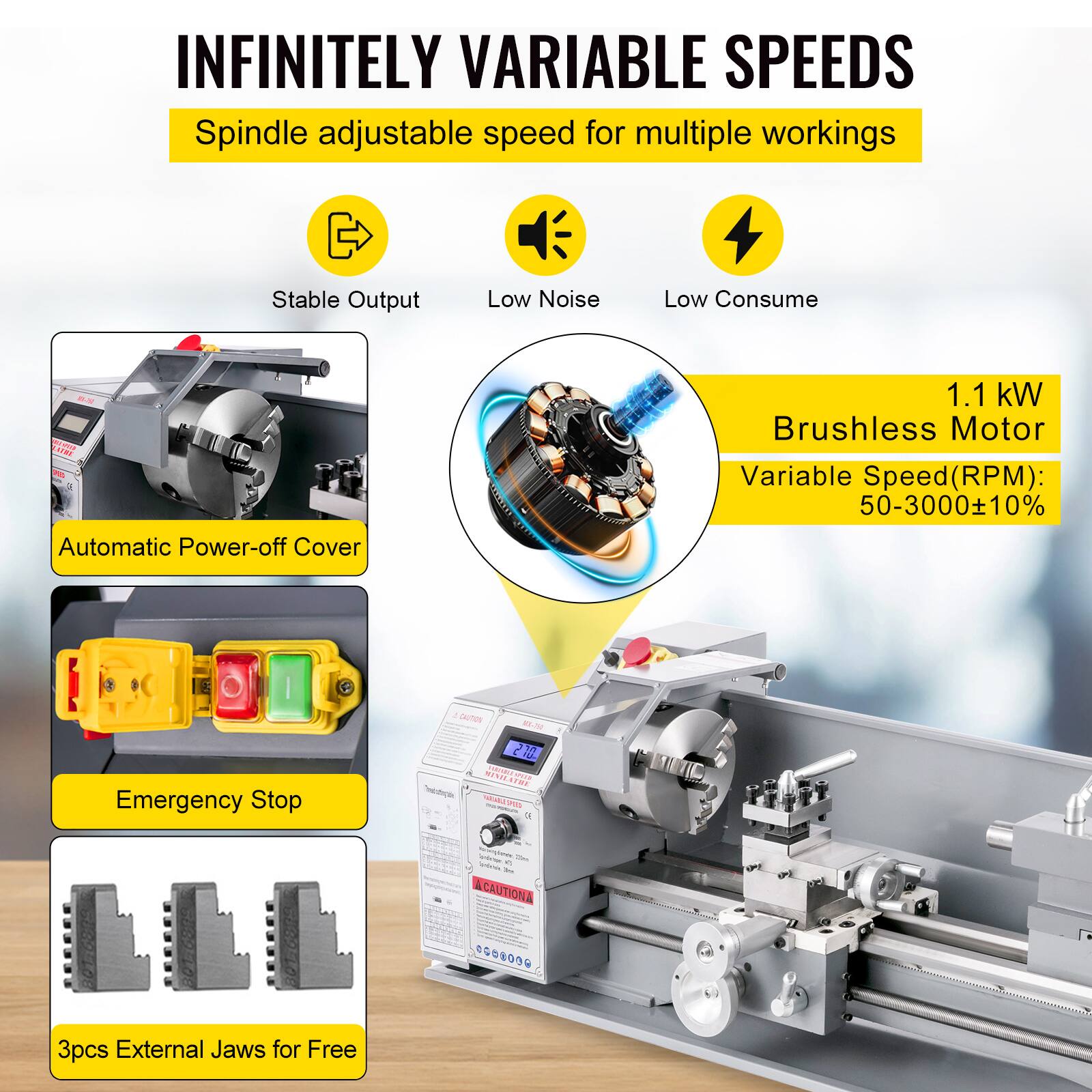 INFINITELY VARIABLE SPEEDS  
Spindle adjustable speed for multiple workings

- Stable Output
- Low Noise
- Low Consume

1.1 kW Brushless Motor  
Variable Speed (RPM): 50-3000±10%

- PEL APSICS Automatic Power-off Cover
- Emergency Stop

3pcs External Jaws for Free