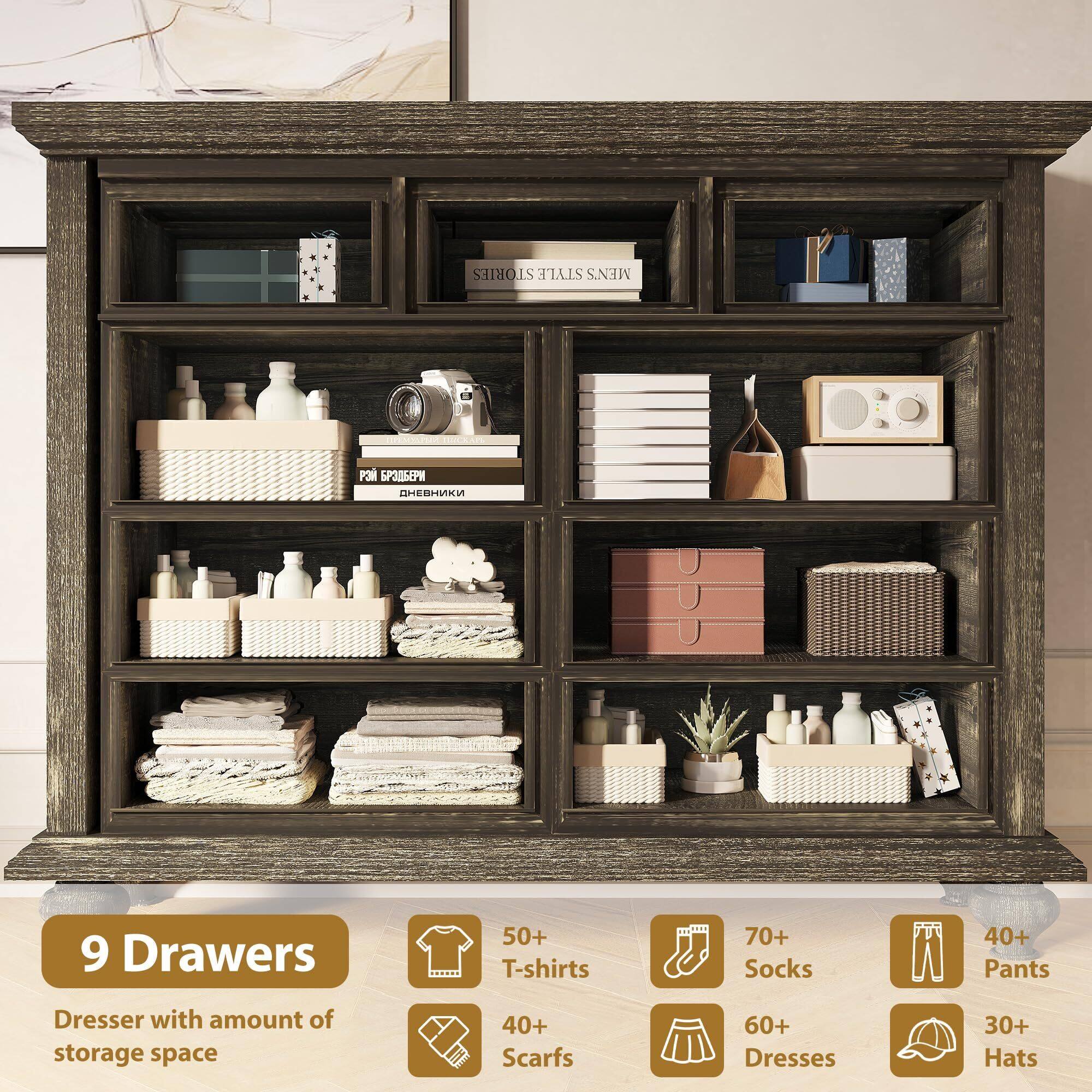 STORIES STYLE MEN'S  
9 Drawers  
Dresser with amount of storage space  
50+ T-shirts  
70+ Socks  
40+ Pants  
40+ Scarfs  
60+ Dresses  
30+ Hats