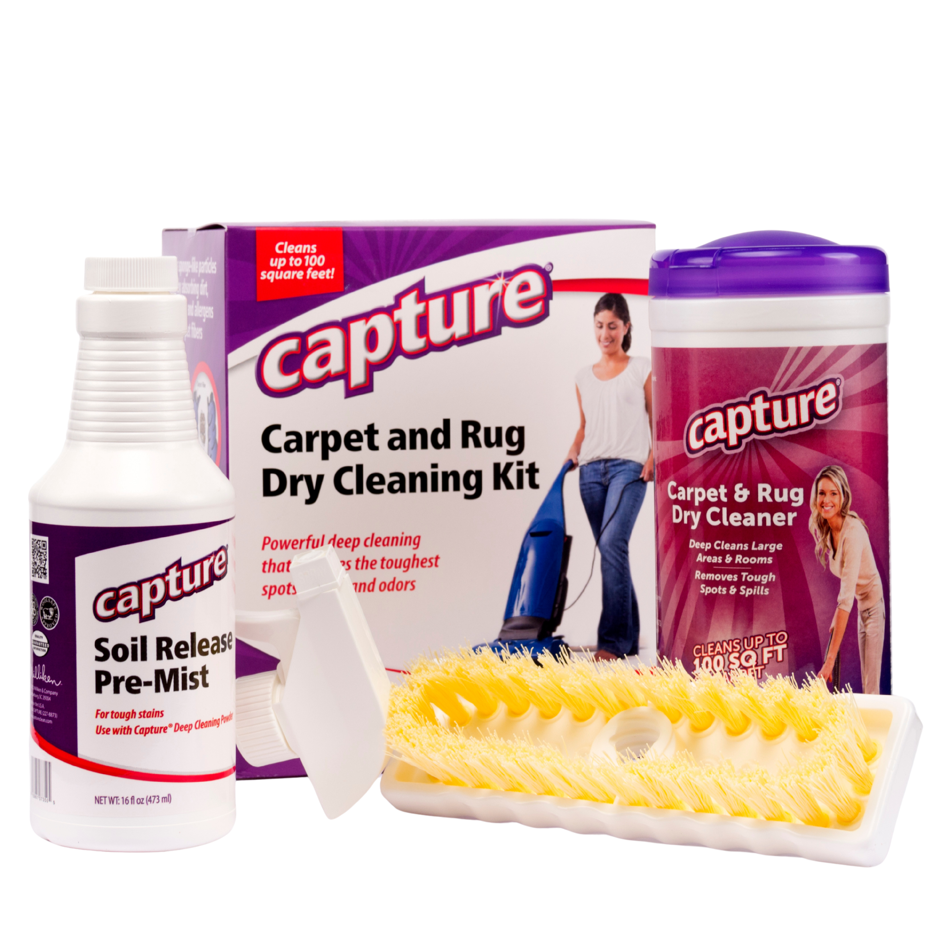 Capture - Carpet Dry Cleaning Kit with Powder, Pre-Mist & Brush Spot & Stain Remover Solution 1 Pound - White