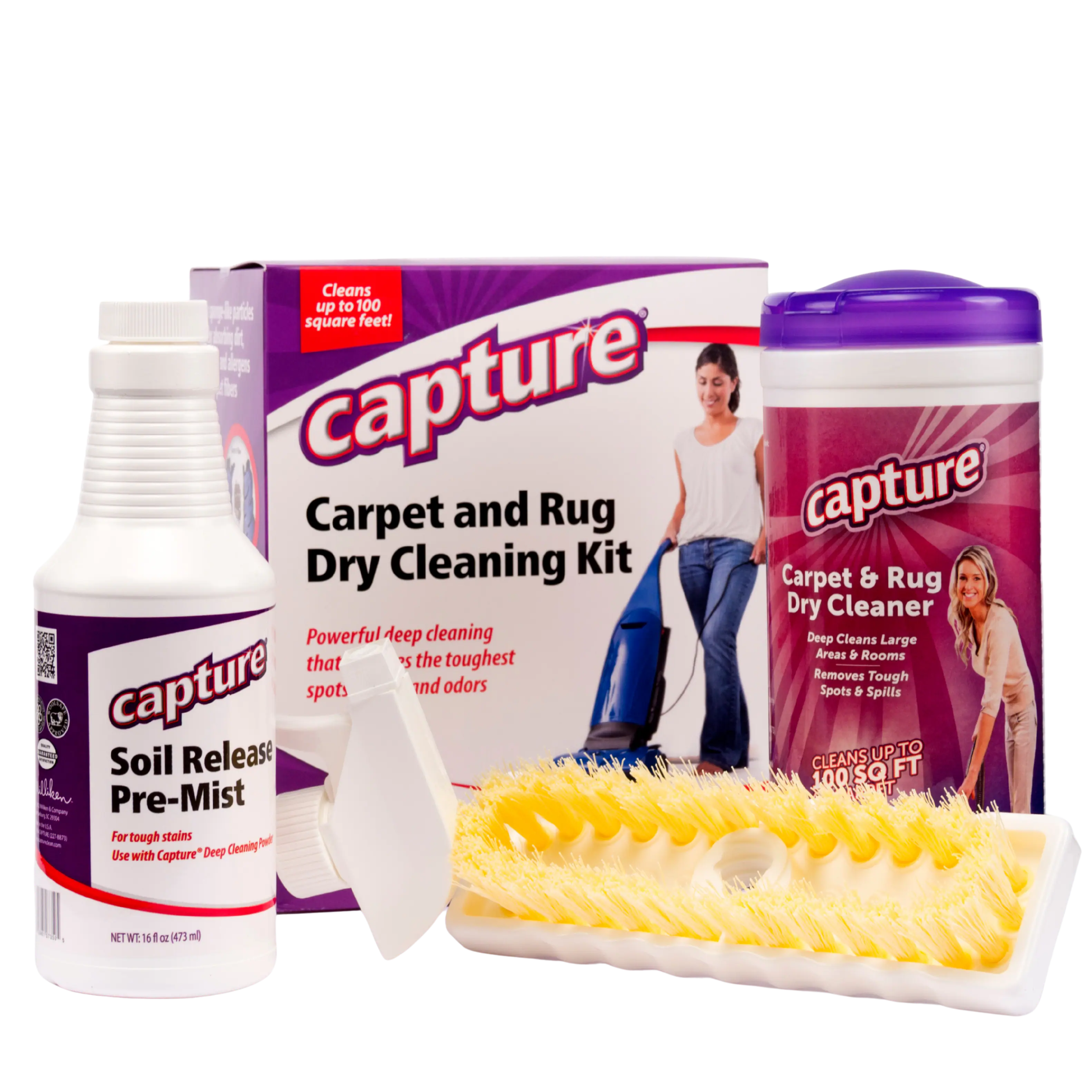 Capture - Carpet Dry Cleaning Kit with Powder, Pre-Mist & Brush Spot & Stain Remover Solution 1 Pound - White